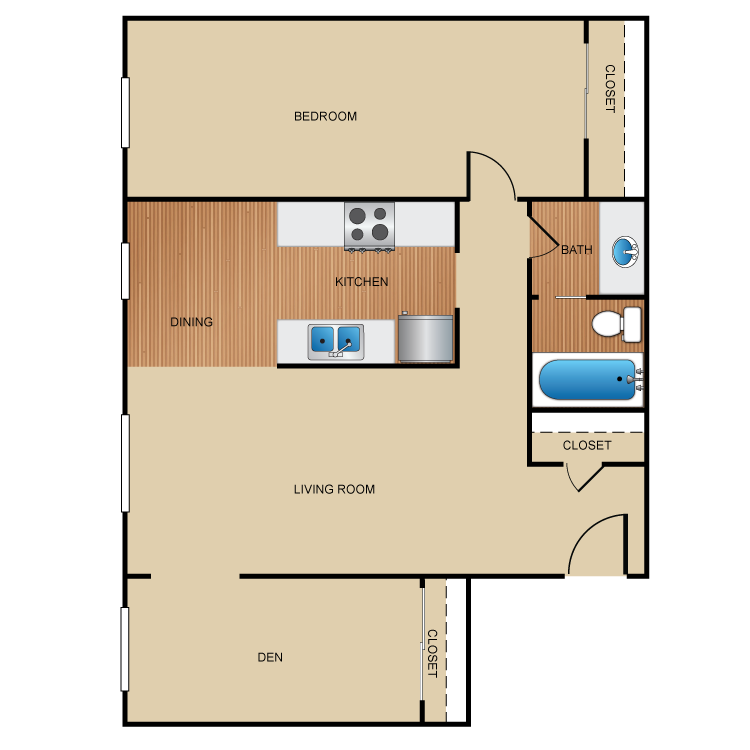 Floor plan image of 1 Bed 1 Bath w/Den