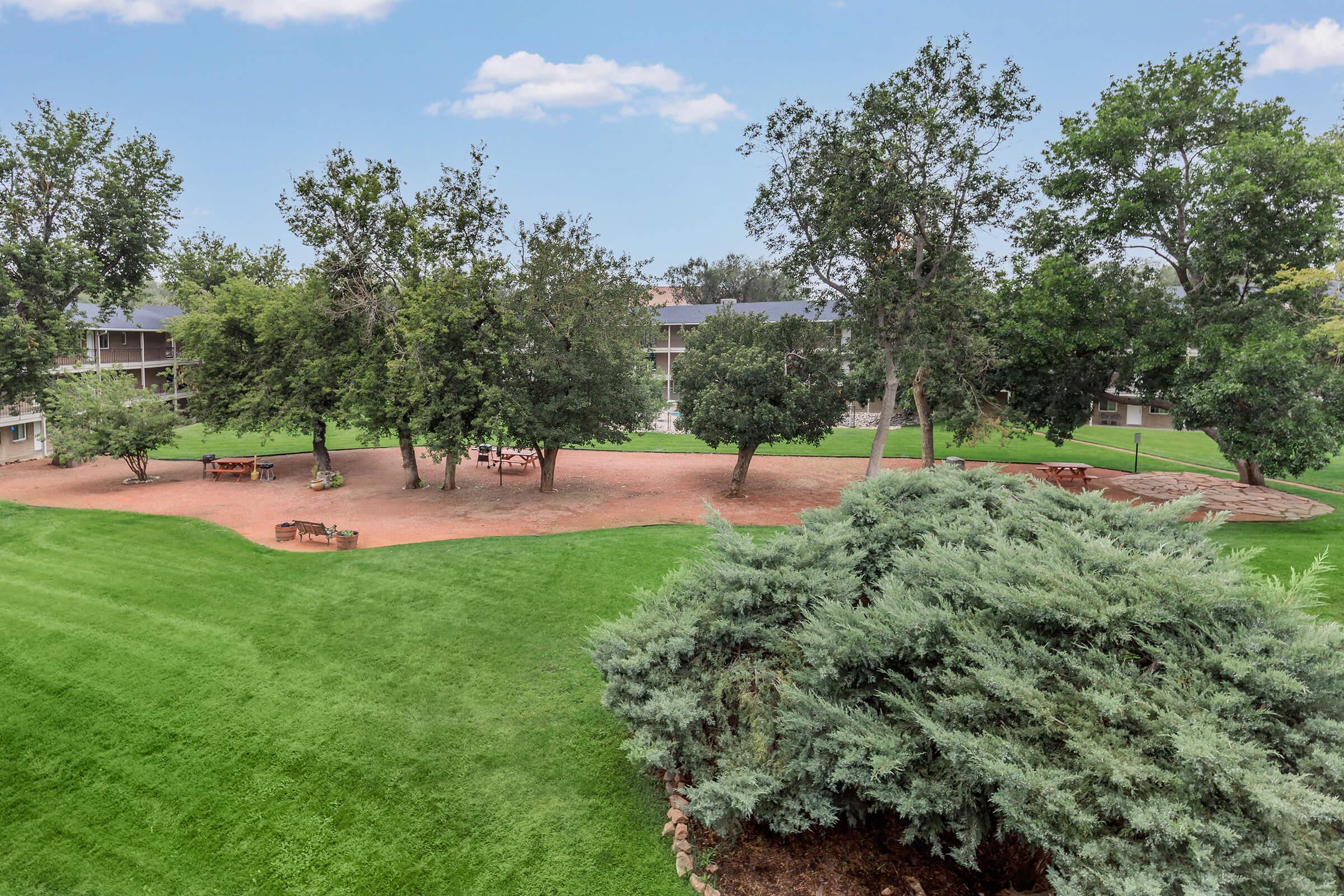A lush green park area featuring well-maintained grass, scattered trees, and a few picnic tables. The scene suggests a serene outdoor space, ideal for relaxation and gatherings, with a background of residential buildings visible behind the trees.