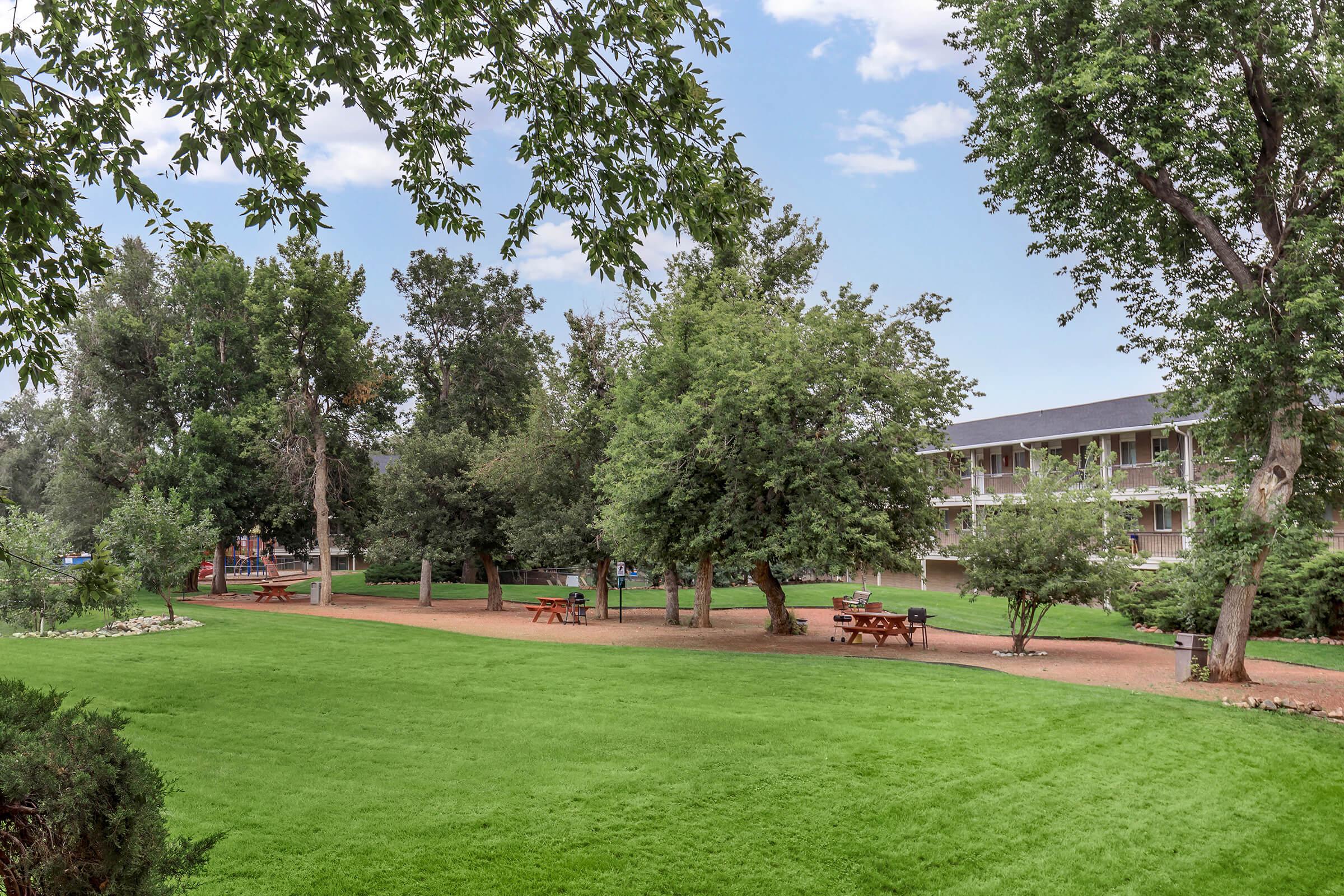 A spacious green park area with well-maintained grass, trees, and picnic tables. In the background, there are multi-story buildings. The scene is sunny with a clear blue sky, creating a pleasant outdoor environment for relaxation and recreation.