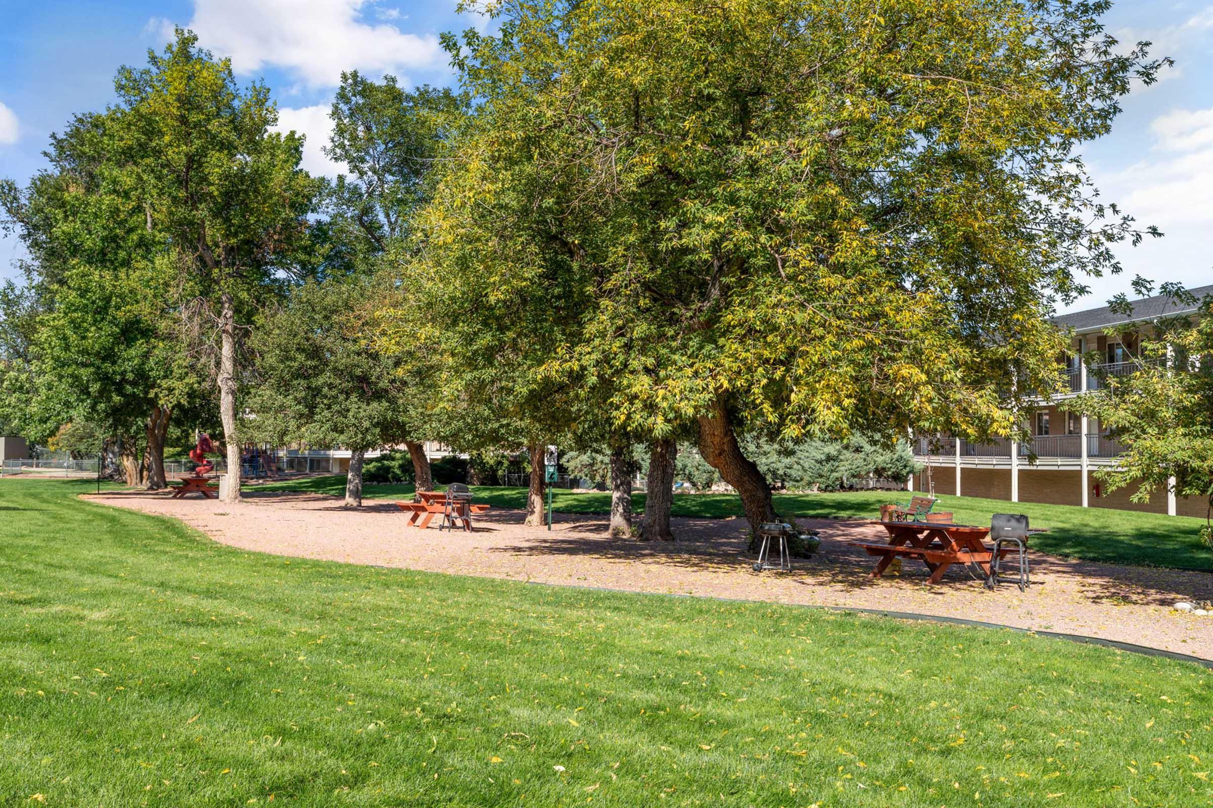 A peaceful park scene featuring a lush, green lawn lined with several large trees. Picnic tables are scattered throughout, providing areas for outdoor gatherings and relaxation. The background shows a building with a porch, under a clear blue sky.