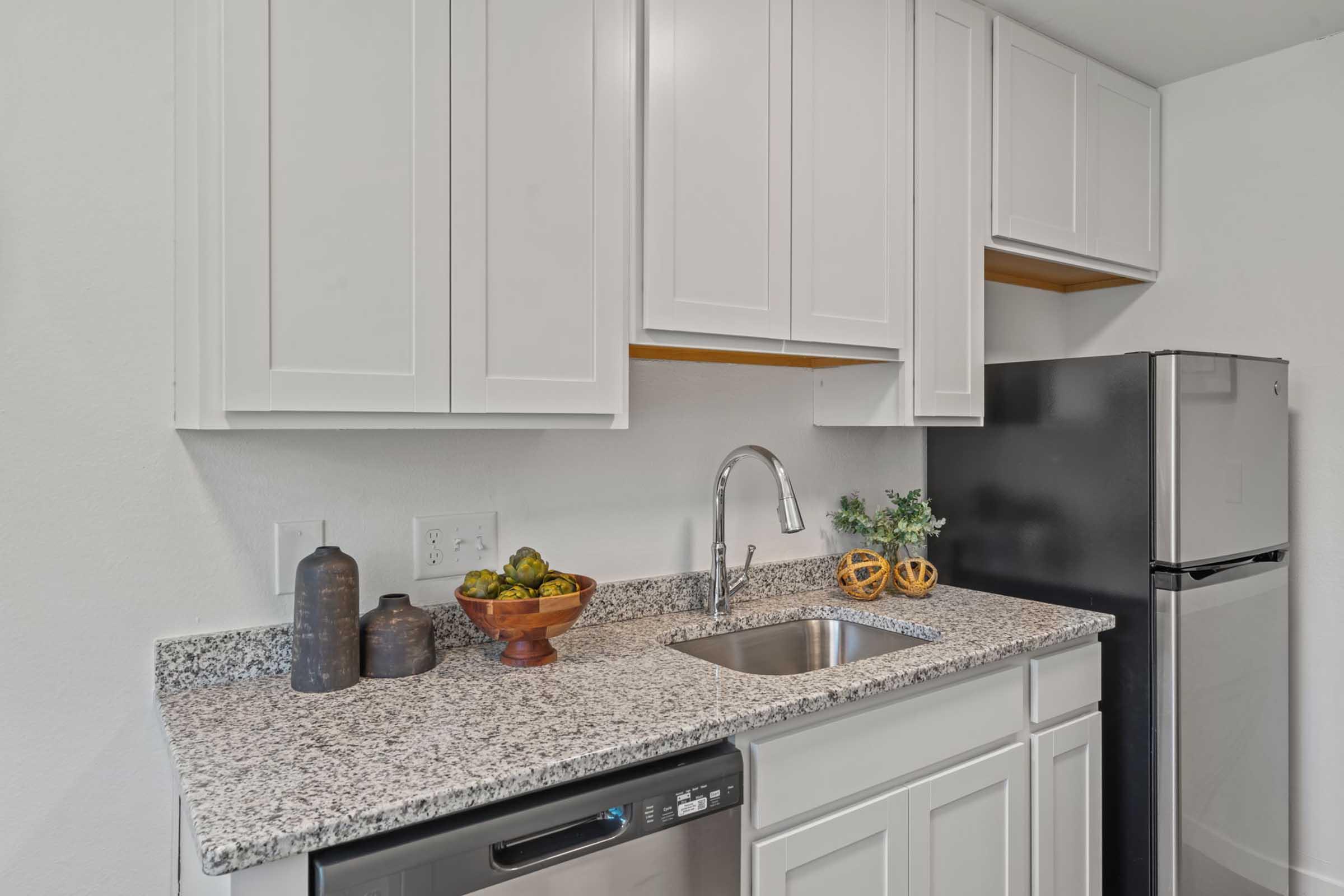 Modern kitchen with white cabinetry, granite countertop, and stainless steel dishwasher. A black refrigerator stands beside the sink, which has a stylish faucet. A wooden bowl with green apples and decorative items are displayed on the counter, adding a touch of warmth to the space.