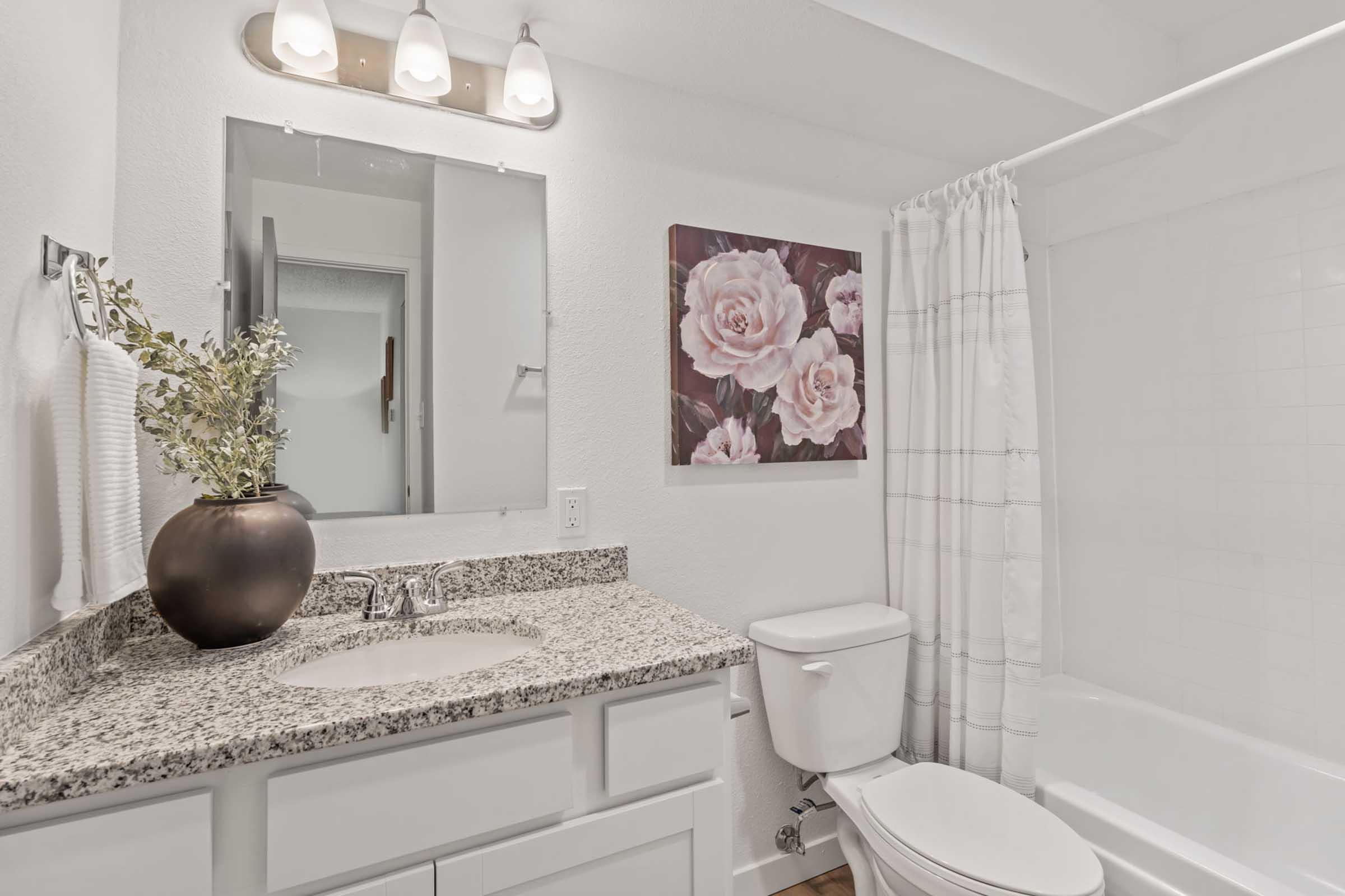 A modern bathroom featuring a white countertop with a sink, a mirror above it, a toilet, and a bathtub with a shower curtain. There is a floral artwork on the wall and a vase with greenery on the countertop, creating a clean and inviting atmosphere.