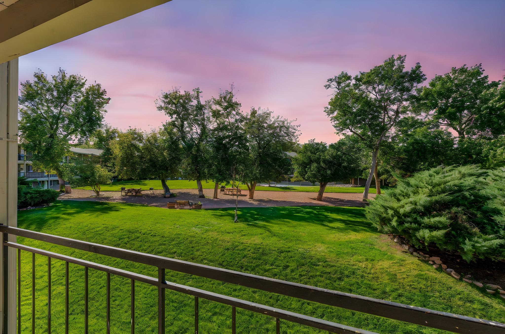 View from a balcony showcasing a landscaped area with lush green grass and trees. In the background, there are picnic tables and a clear sky painted in soft pink and blue hues, indicating either sunrise or sunset, creating a serene outdoor atmosphere.