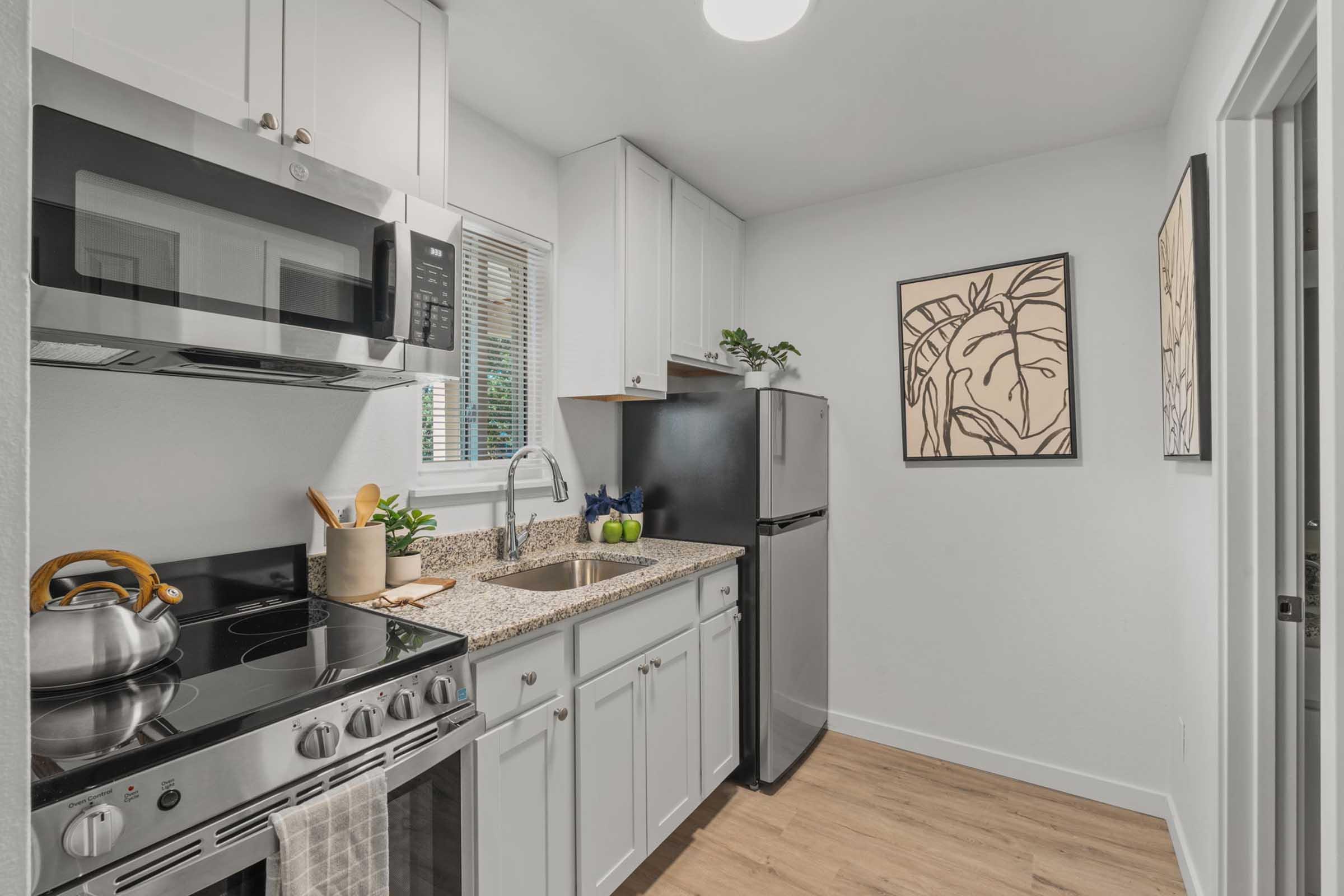A modern kitchen featuring stainless steel appliances, including a microwave and stove, alongside a black refrigerator. The countertops are made of granite, with a window providing natural light. Decorative elements include kitchen utensils and a framed plant artwork on the wall.