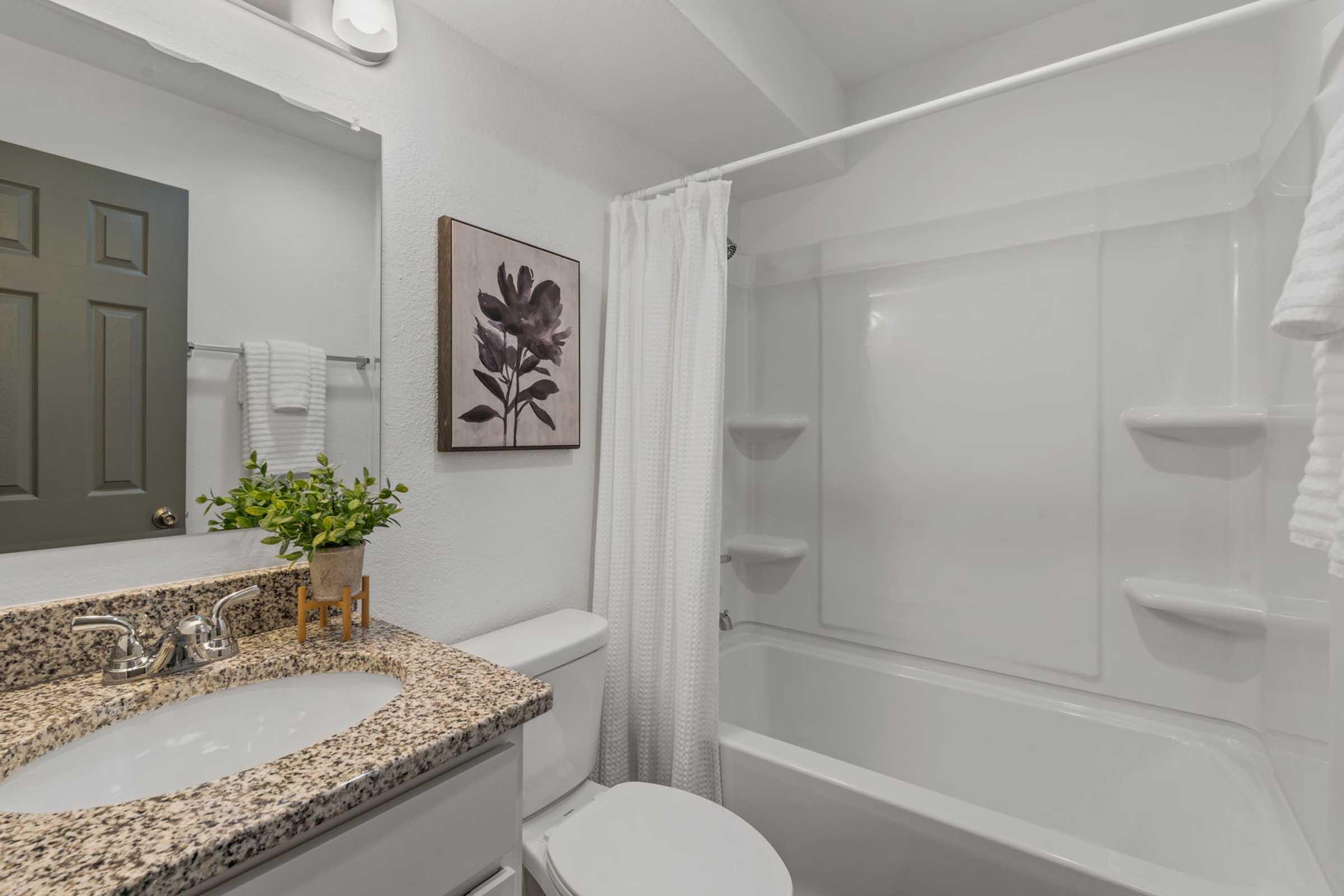 A modern bathroom featuring a white shower curtain, a bathtub, and a toilet. The vanity has a granite countertop with a sink and a framed botanical art piece on the wall. A small potted plant adds a touch of greenery, and there are neatly arranged towels on a rack. The overall color scheme is bright and clean.