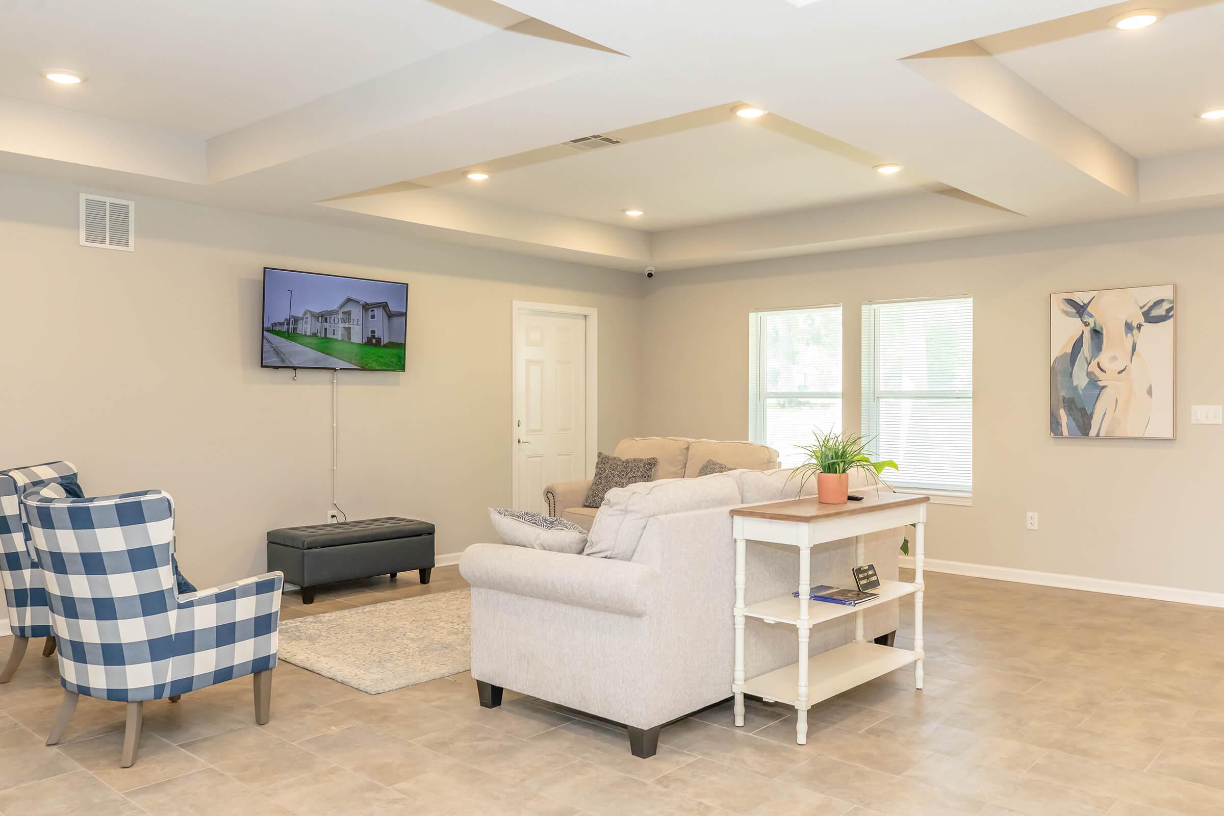 A modern living room featuring a light-colored sofa, stylish blue and white checked chairs, a TV mounted on the wall showing a property, large windows for natural light, a plant on a small table, and neutral-toned walls and flooring, creating a welcoming atmosphere.