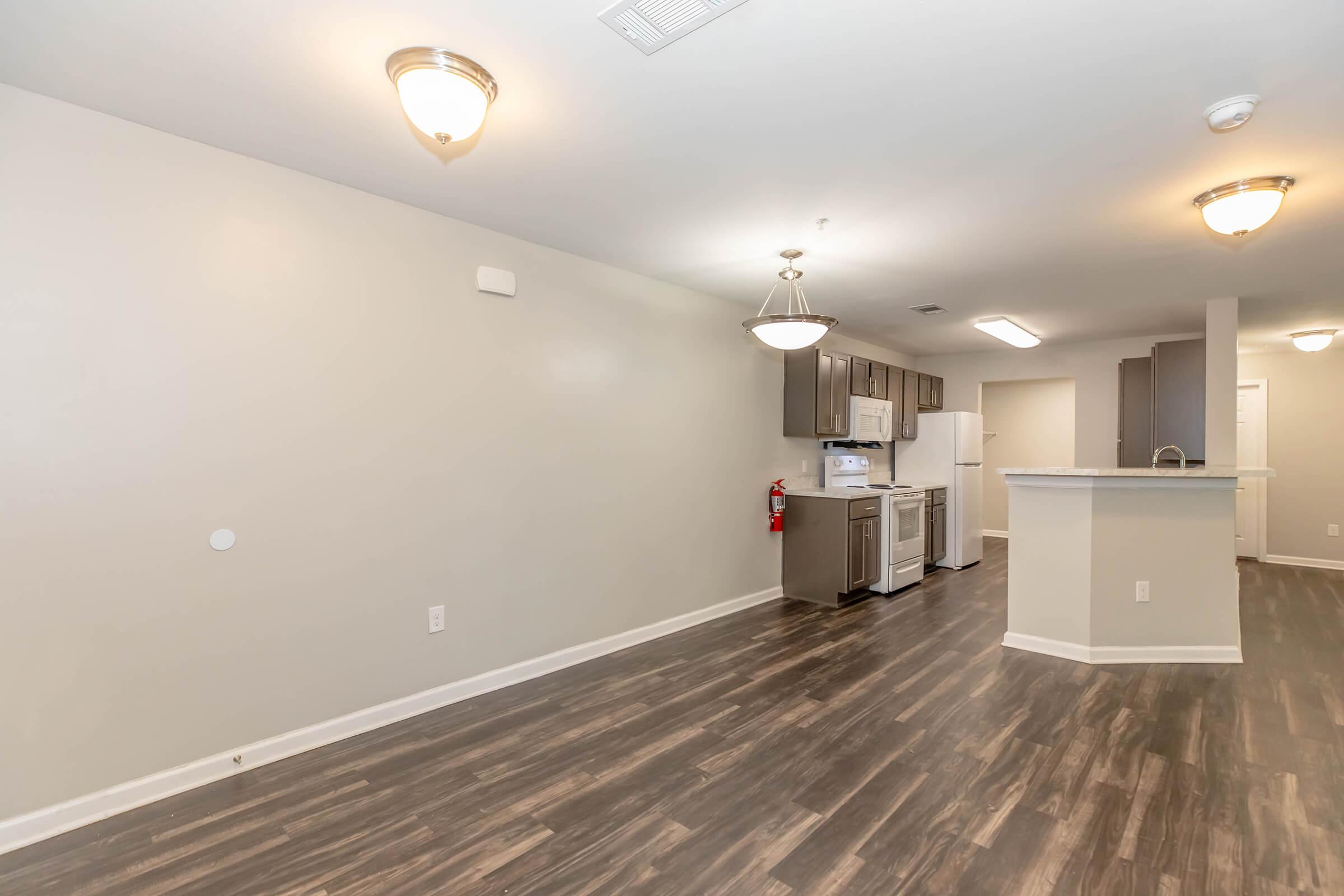 Bright and spacious interior of a modern apartment featuring a living area with dark wood-style flooring, light-colored walls, and overhead lighting. The kitchen area is equipped with stainless steel appliances and dark cabinetry, visible in the background, with an open layout leading to the living space.