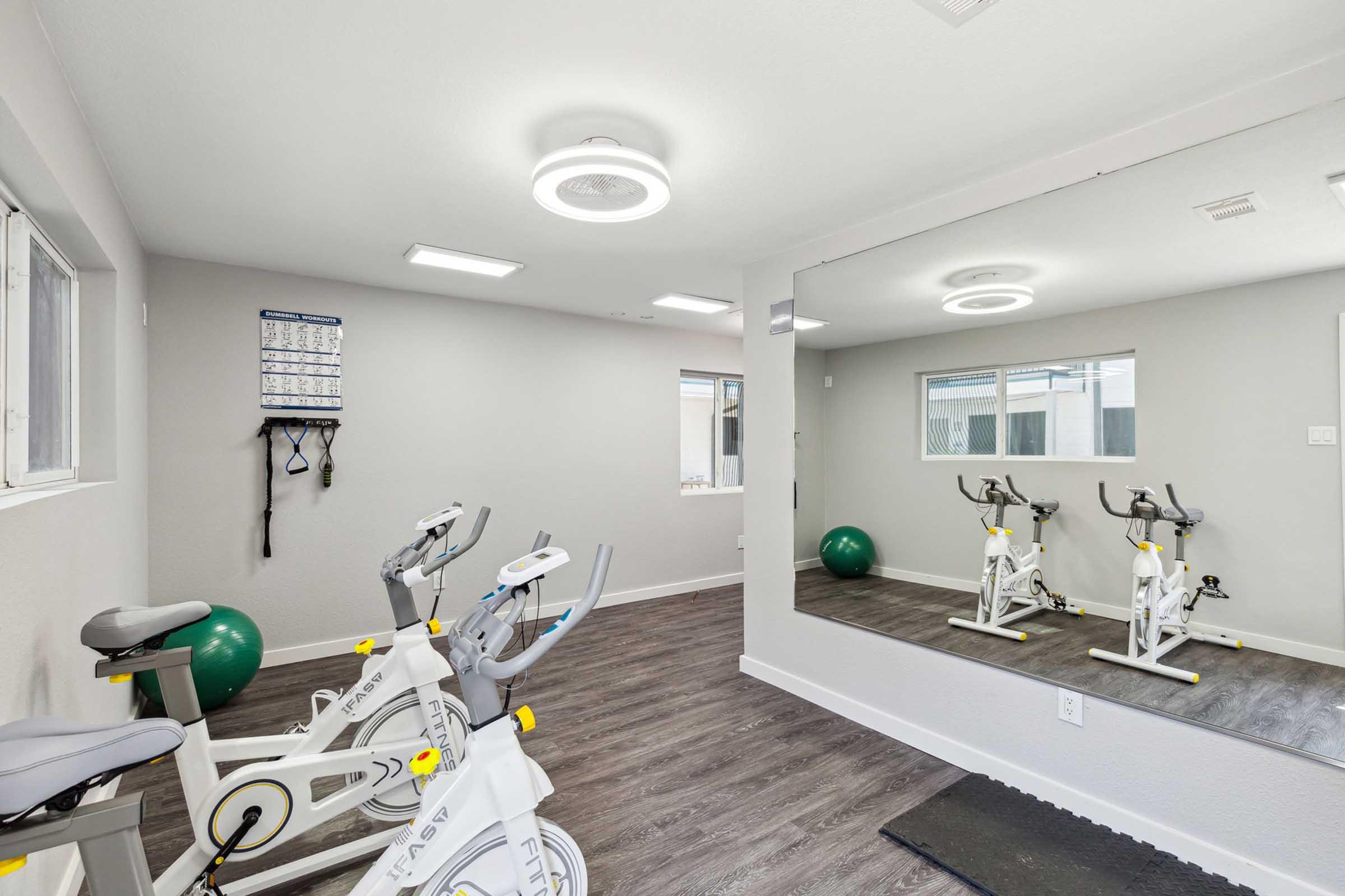 A bright, modern home gym featuring exercise bikes, a large mirror, and a green yoga ball. The walls are painted light gray, and the floor is dark wood. There are fitness accessories hanging on the wall, creating an inviting space for workouts.