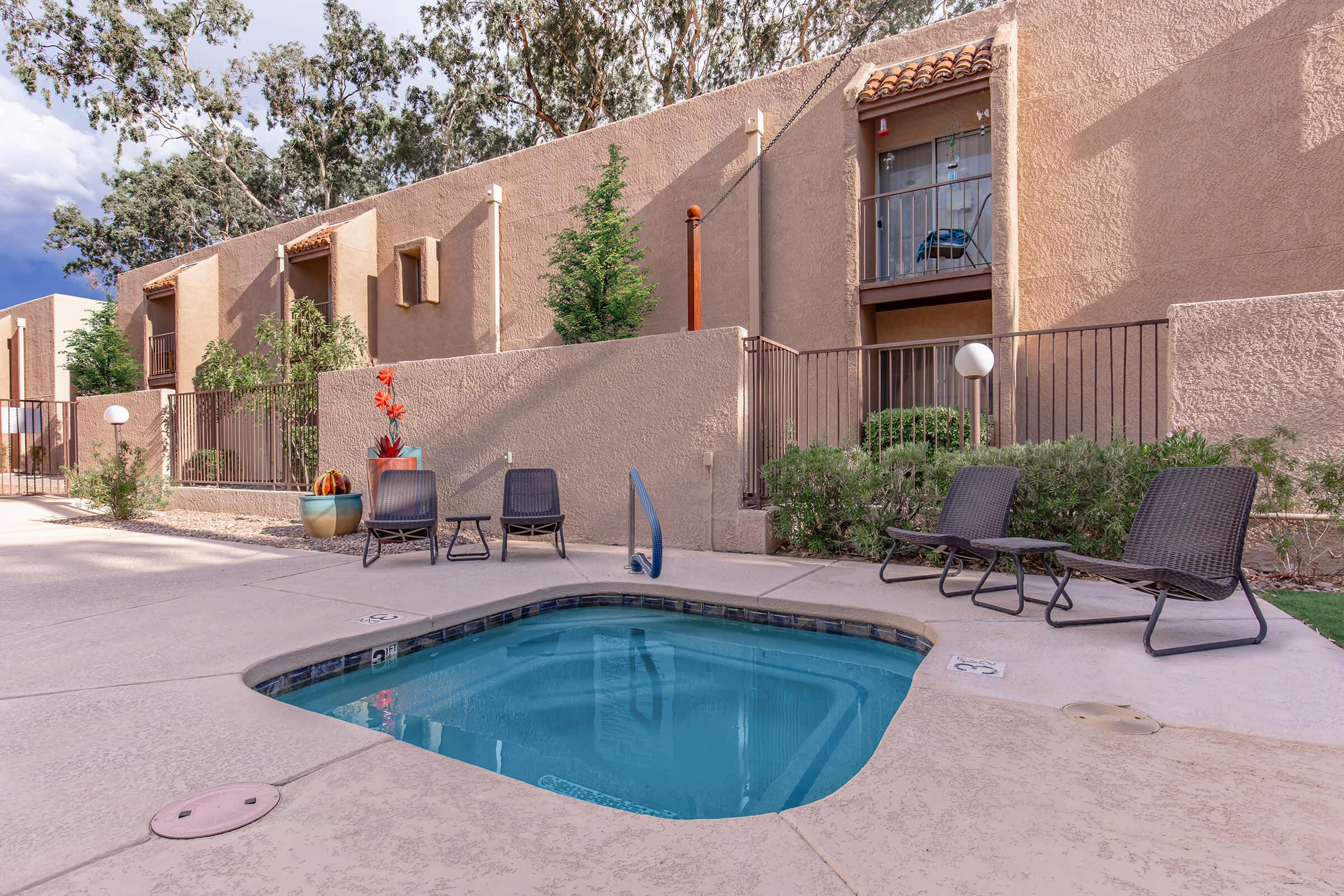 a pool next to a building