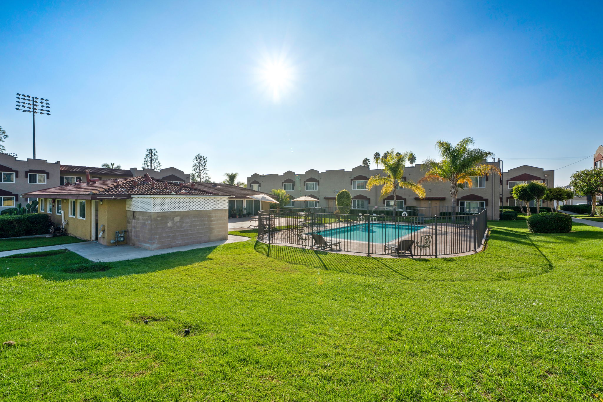 A sunny day at a residential complex featuring a swimming pool surrounded by a black fence. Lush green grass and palm trees enhance the outdoor space, with beige and brown buildings in the background. Bright sunlight casts a warm glow over the area, highlighting the inviting atmosphere.