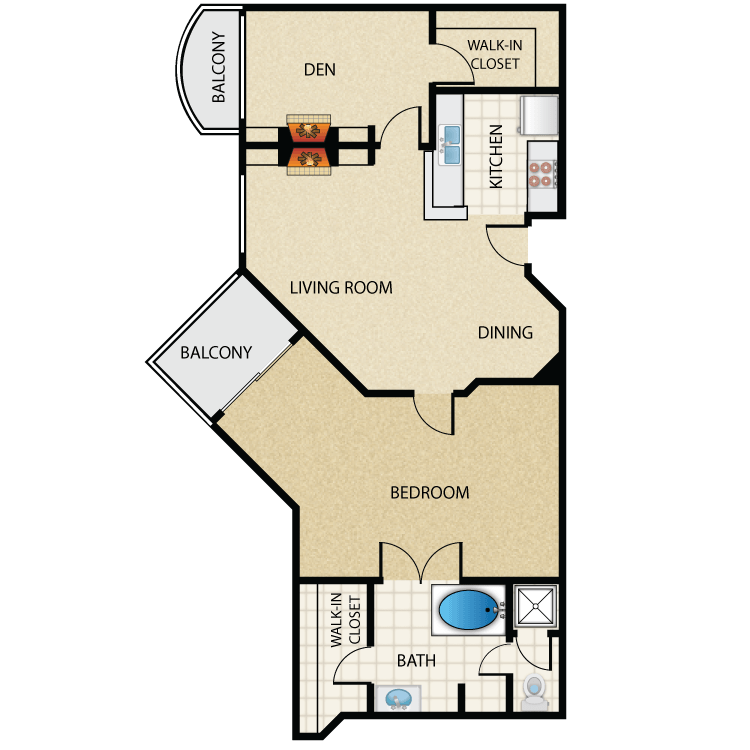 Floor plan image of Plan F 1 Bed 1 Bath with Den