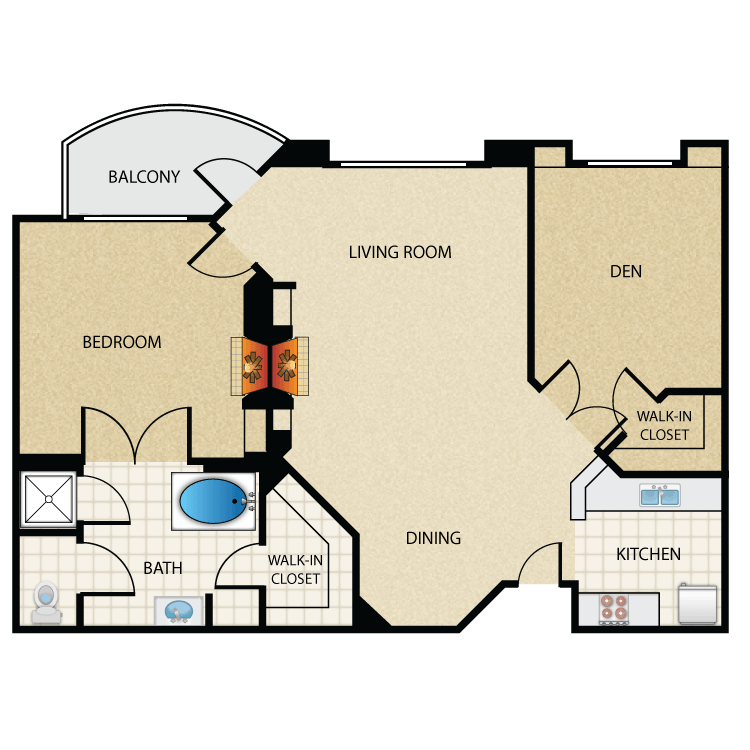 Floor plan image of Plan M 1 Bed 1 Bath with Den