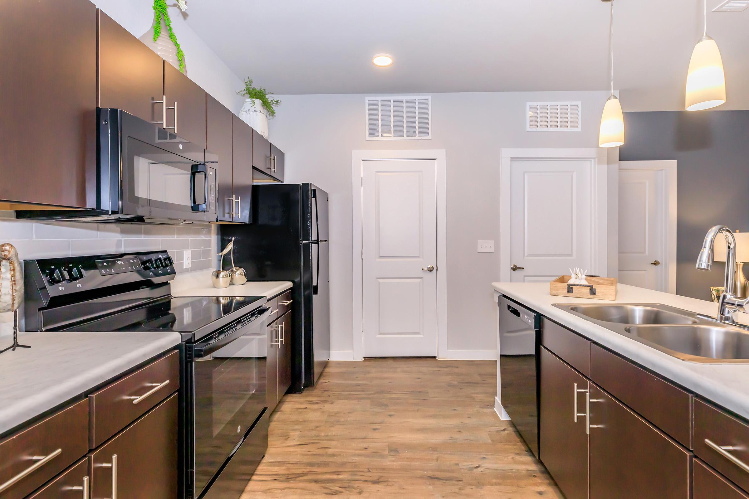 Modern kitchen featuring dark cabinetry, stainless steel appliances, and a spacious countertop. Includes a double sink, illuminated by pendant lights. The room has light wood flooring and neutral walls, with a door leading to another area. Decorative plants add a touch of greenery.