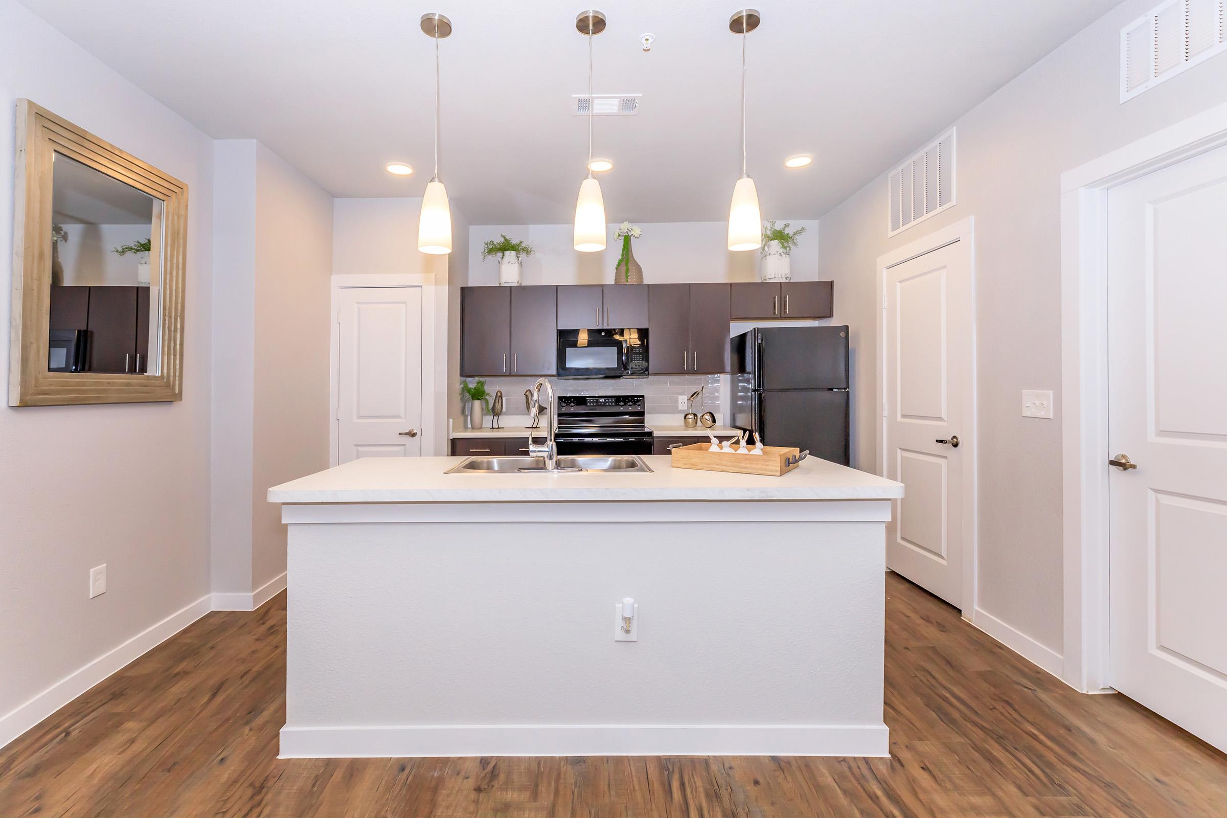 Modern kitchen featuring a large island with a sink, stylish pendant lights hanging above, dark cabinetry, and stainless steel appliances. The space is brightened by natural light and includes decorative plants, framed mirror, and wooden flooring for a contemporary feel.