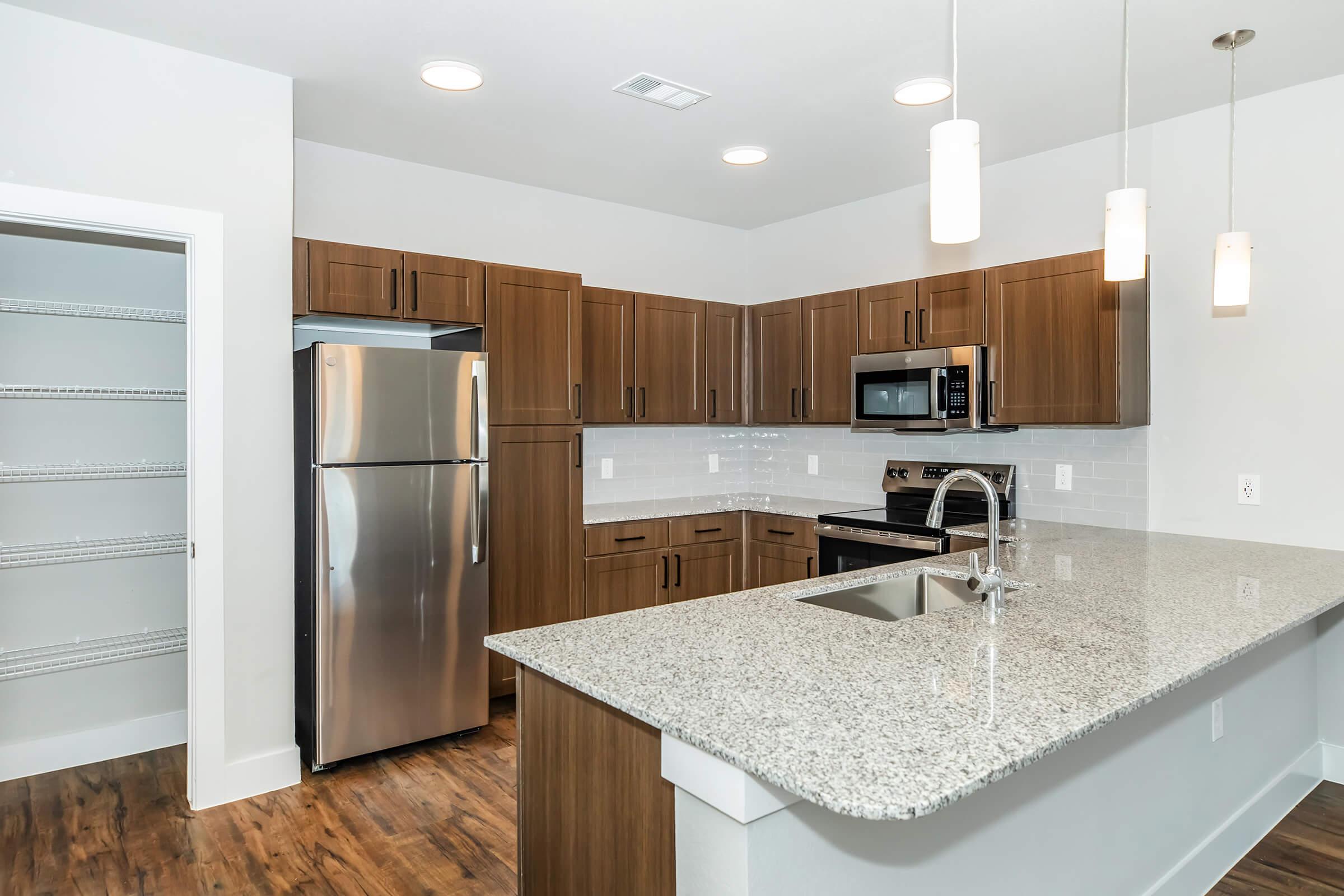 Modern kitchen featuring granite countertops, dark wooden cabinetry, stainless steel appliances, and recessed lighting. A large window allows natural light, and there's a spacious pantry with shelving. The kitchen island includes a sink, providing additional workspace.