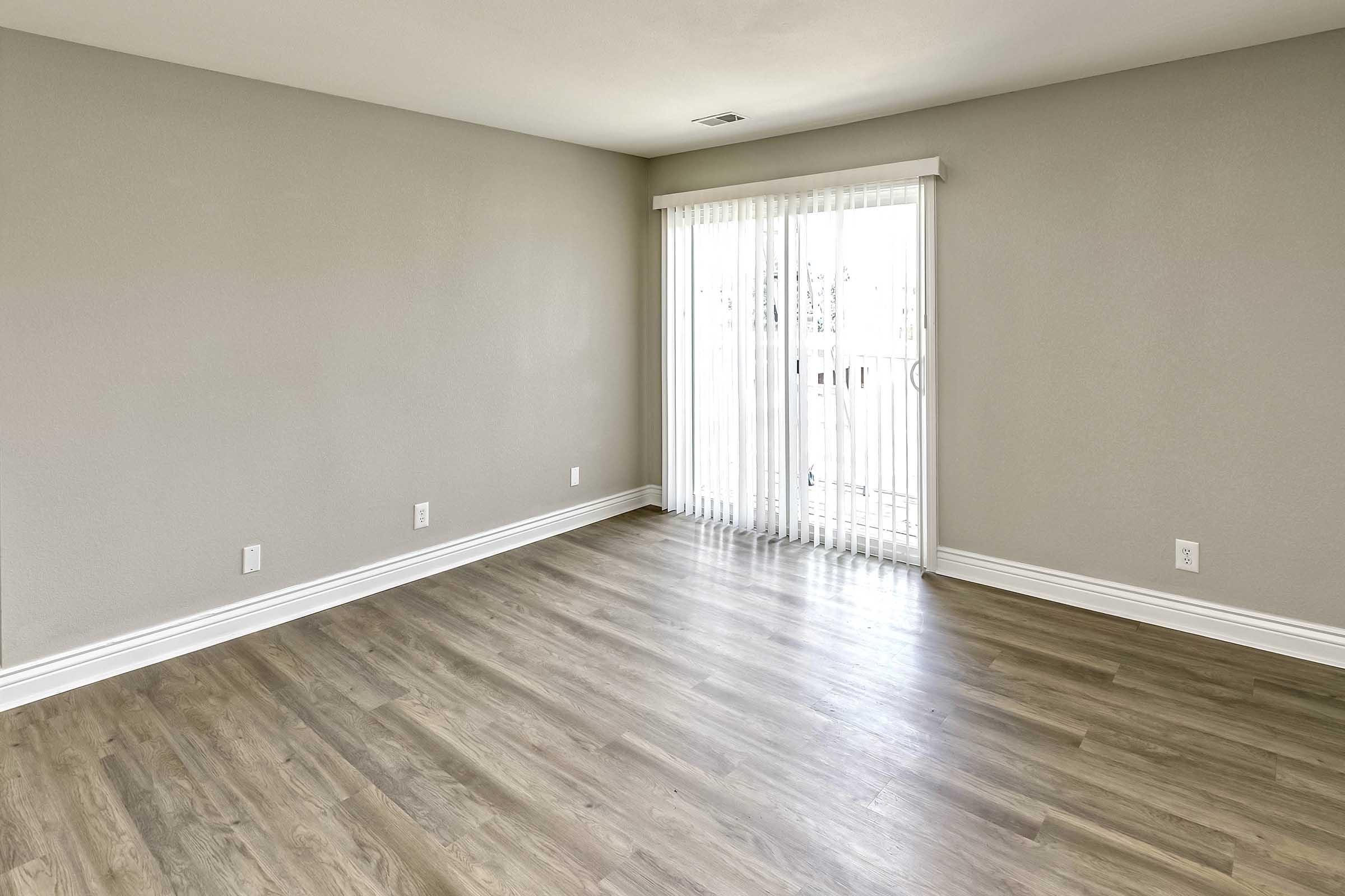 Empty room with light-colored walls and a wooden floor. There are sliding glass doors covered with sheer vertical blinds that allow natural light to enter. The space is unadorned, creating a minimalist atmosphere, ideal for customization or furnishing.