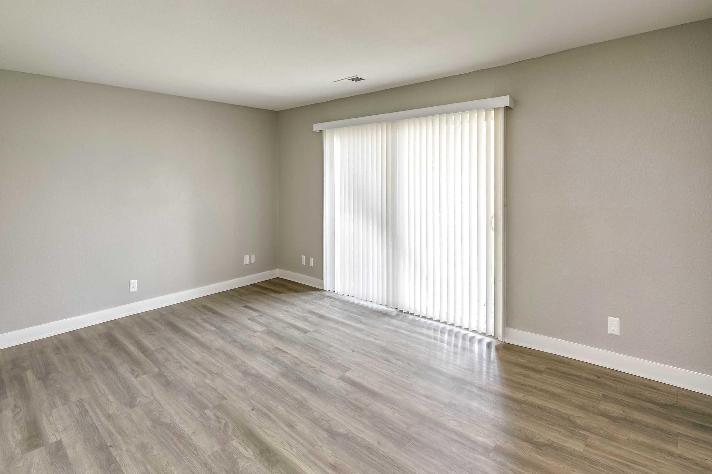 Empty room with light gray walls and a wooden floor. The space features a sliding glass door covered with vertical blinds, allowing natural light to enter. There are no furniture or decor items present, creating a clean and minimalistic look.