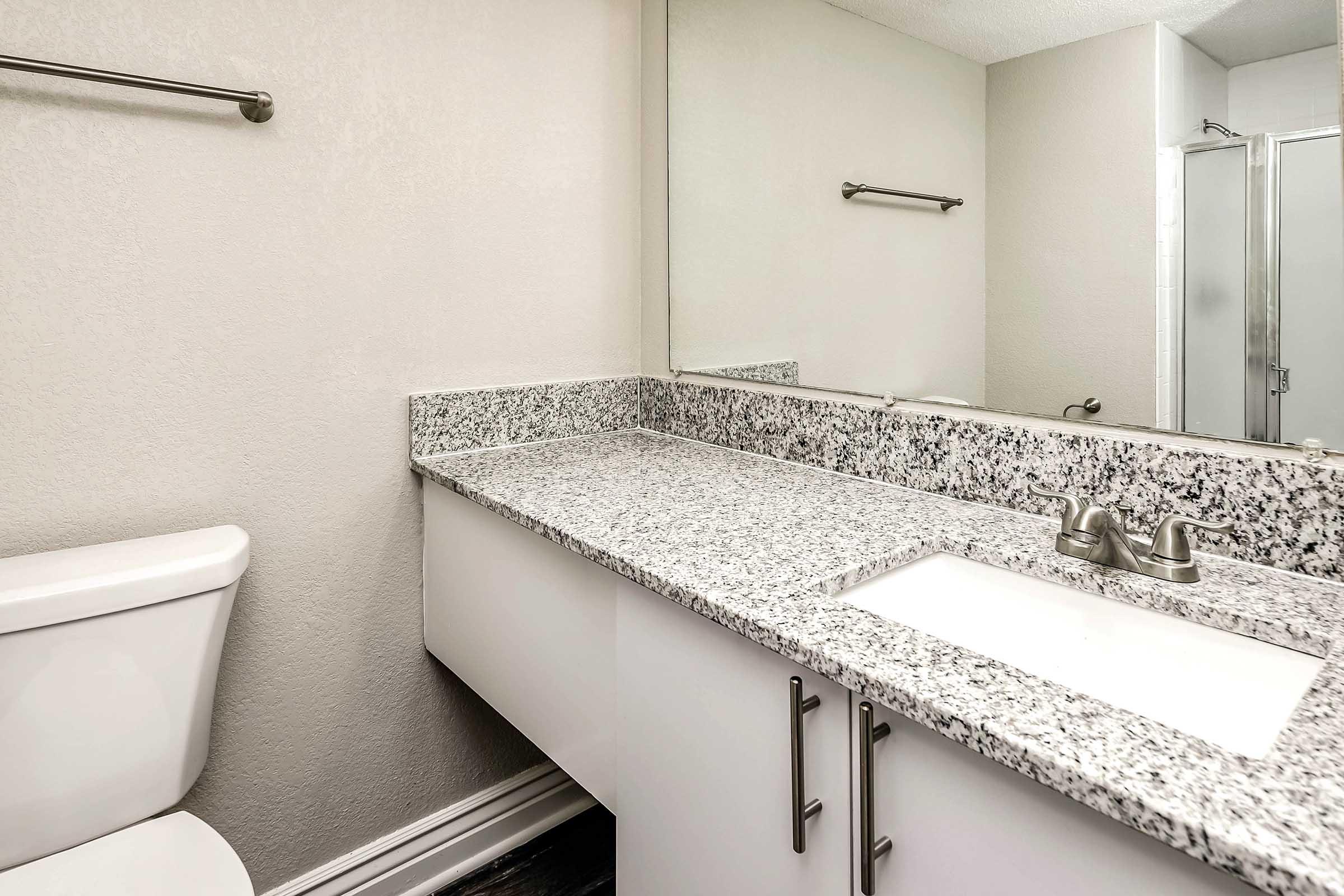 A modern bathroom featuring a light-colored wall with a large mirror above a granite countertop. The countertop has a rectangular sink, with sleek faucets and minimalistic cabinet drawers below. To the left, there is a white toilet, and to the right, a glass shower enclosure. The overall decor is clean and contemporary.
