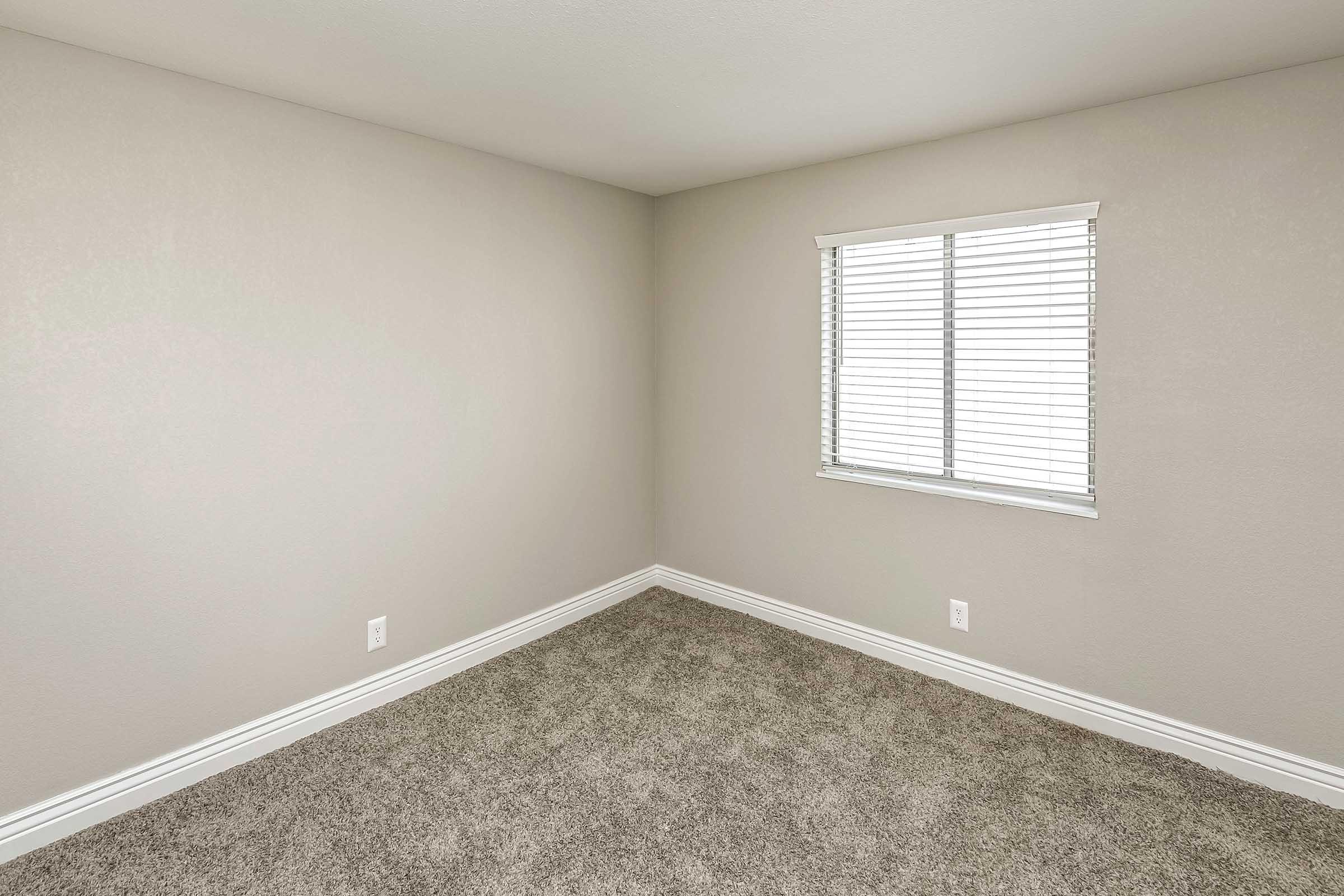 Empty room with light beige walls and gray carpet flooring. A window with white blinds allows natural light into the space. The corner layout emphasizes the minimalist design and lack of furnishings, creating a tidy and open atmosphere.
