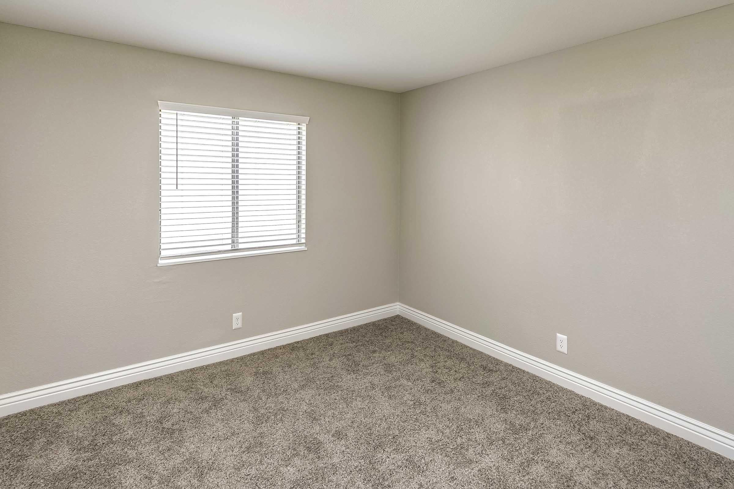 Empty room with beige walls and a light brown carpet. A window with white blinds allows natural light to enter, showcasing a minimalist and spacious atmosphere. There are no furnishings or decorations, creating a blank canvas for potential personalization.