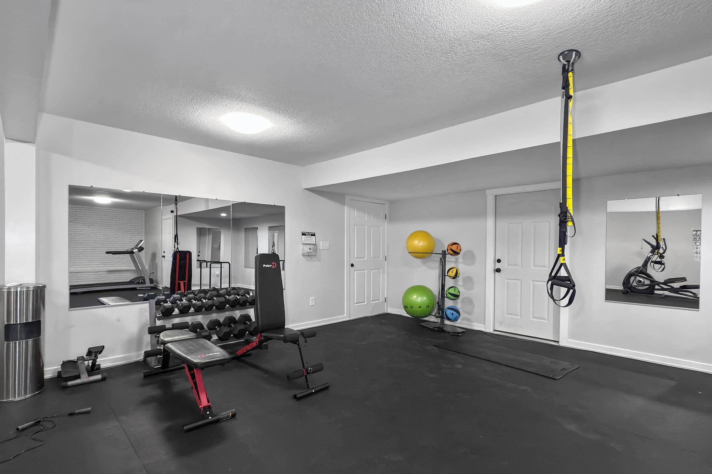 A modern home gym featuring a weight bench with free weights, a suspension trainer hanging from the ceiling, exercise balls in various colors, a treadmill in the background, and a large mirror reflecting the workout space. The floor is black, creating a sleek and contemporary atmosphere.