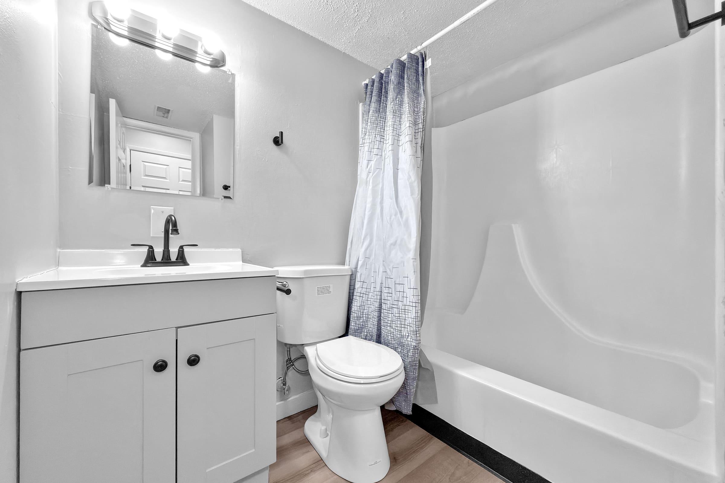 A modern bathroom featuring a white bathtub, a white toilet, and a sink with a dark countertop. The walls are painted light, and a large mirror is above the sink. A shower curtain with a gradient design hangs in front of the bathtub. The floor is light wood laminate.