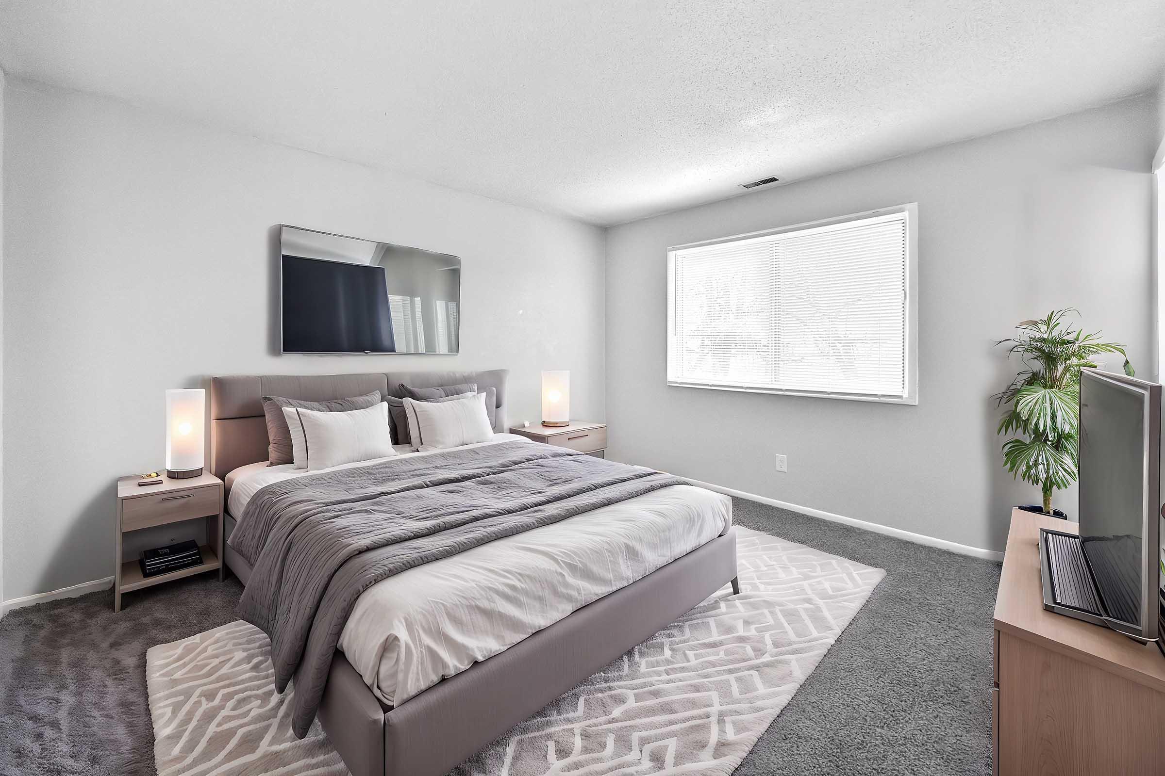 A modern bedroom featuring a large bed with gray bedding and white pillows, two bedside lamps, a wooden dresser, and a flat-screen TV. Natural light floods the space through a large window, and a potted plant adds a touch of greenery. The walls are painted in light gray, and the floor is covered with a textured rug.