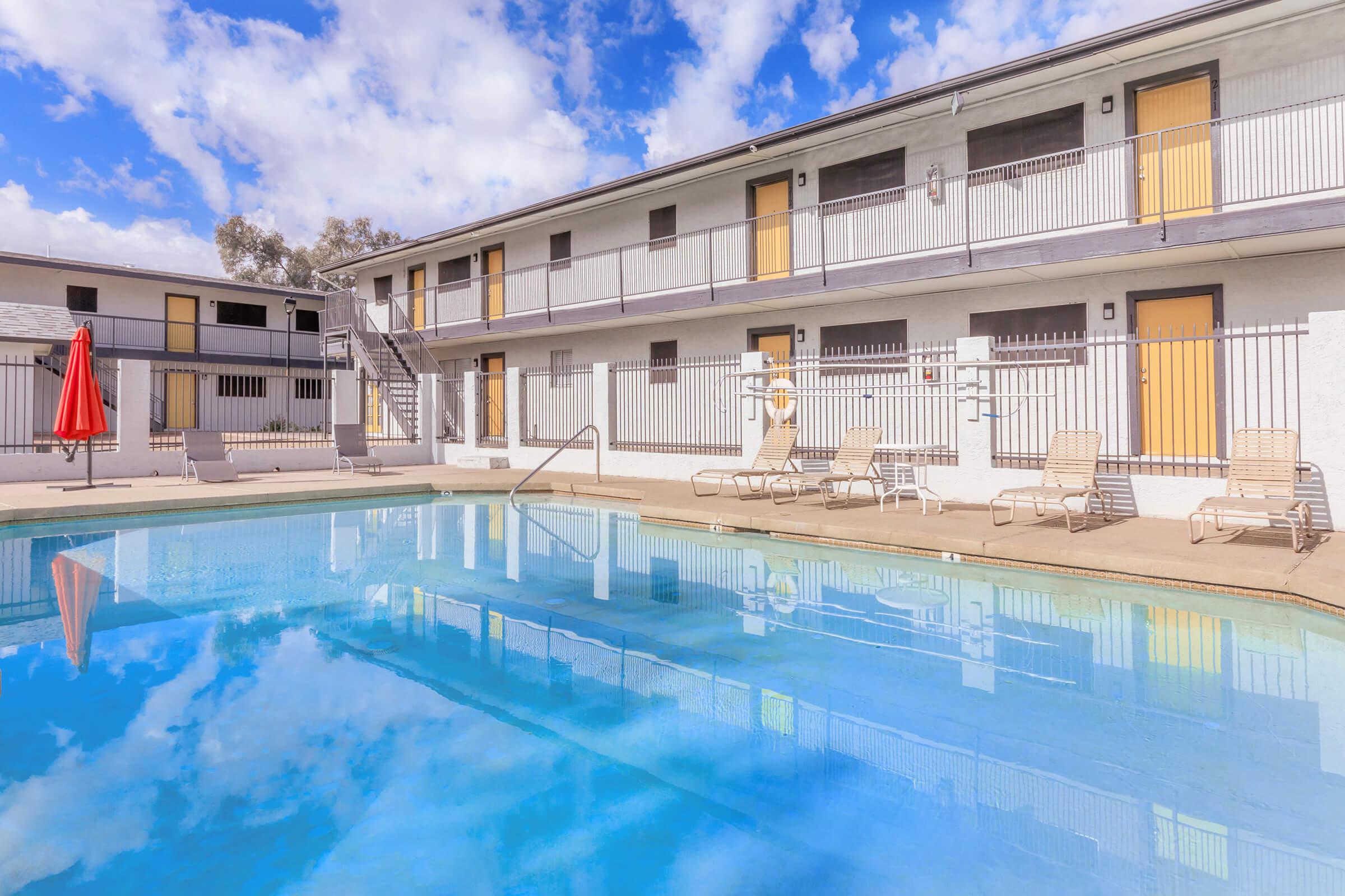 a building with a large pool of water