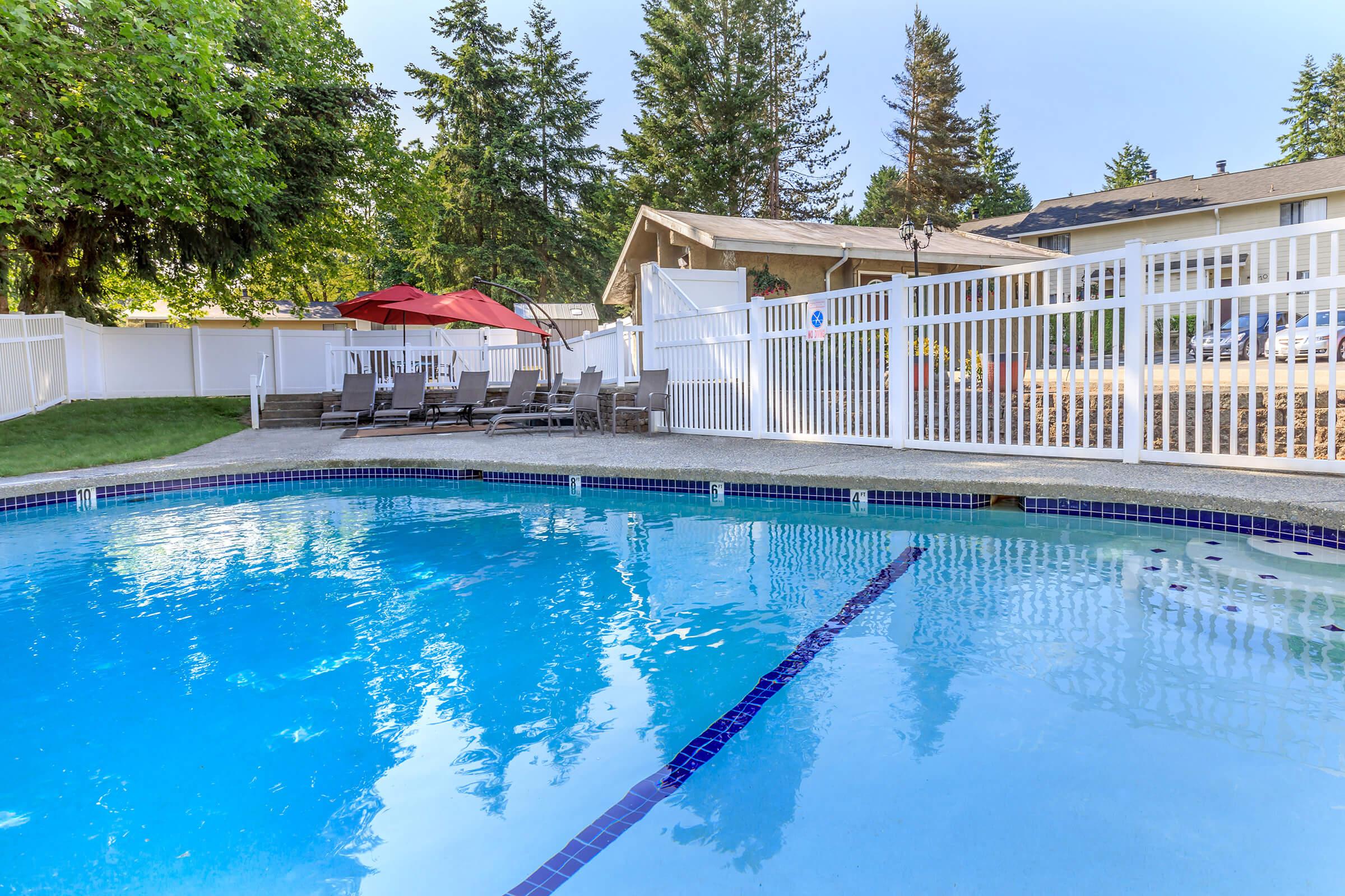 A clear, inviting swimming pool surrounded by a white fence, with several lounge chairs and an umbrella nearby. Lush green trees line the background, creating a tranquil outdoor setting, perfect for relaxation on a sunny day.