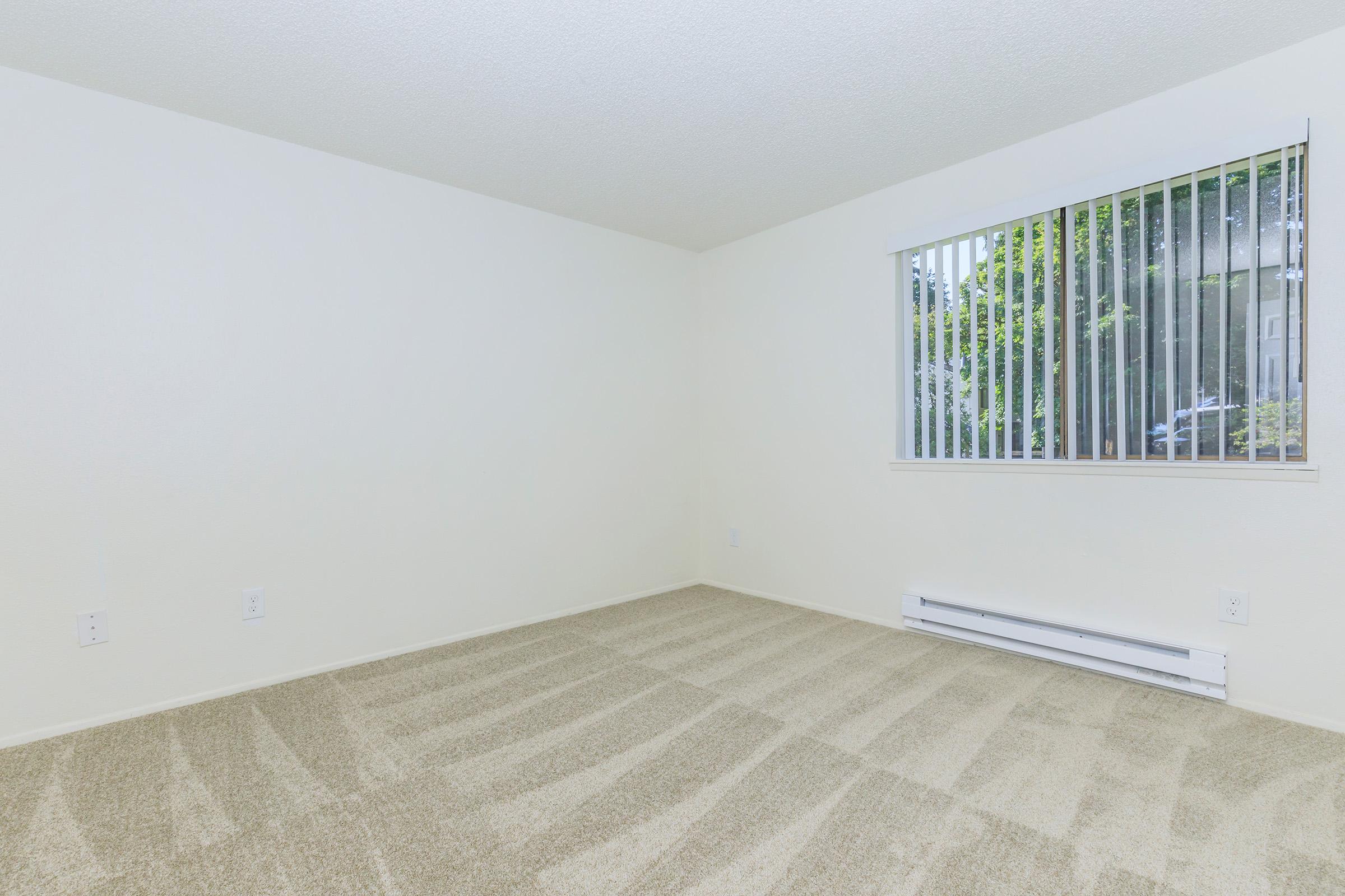 Empty room with light beige carpet and plain white walls. It features a window with vertical blinds letting in natural light. The space is unfurnished, creating a simple and minimalist appearance.