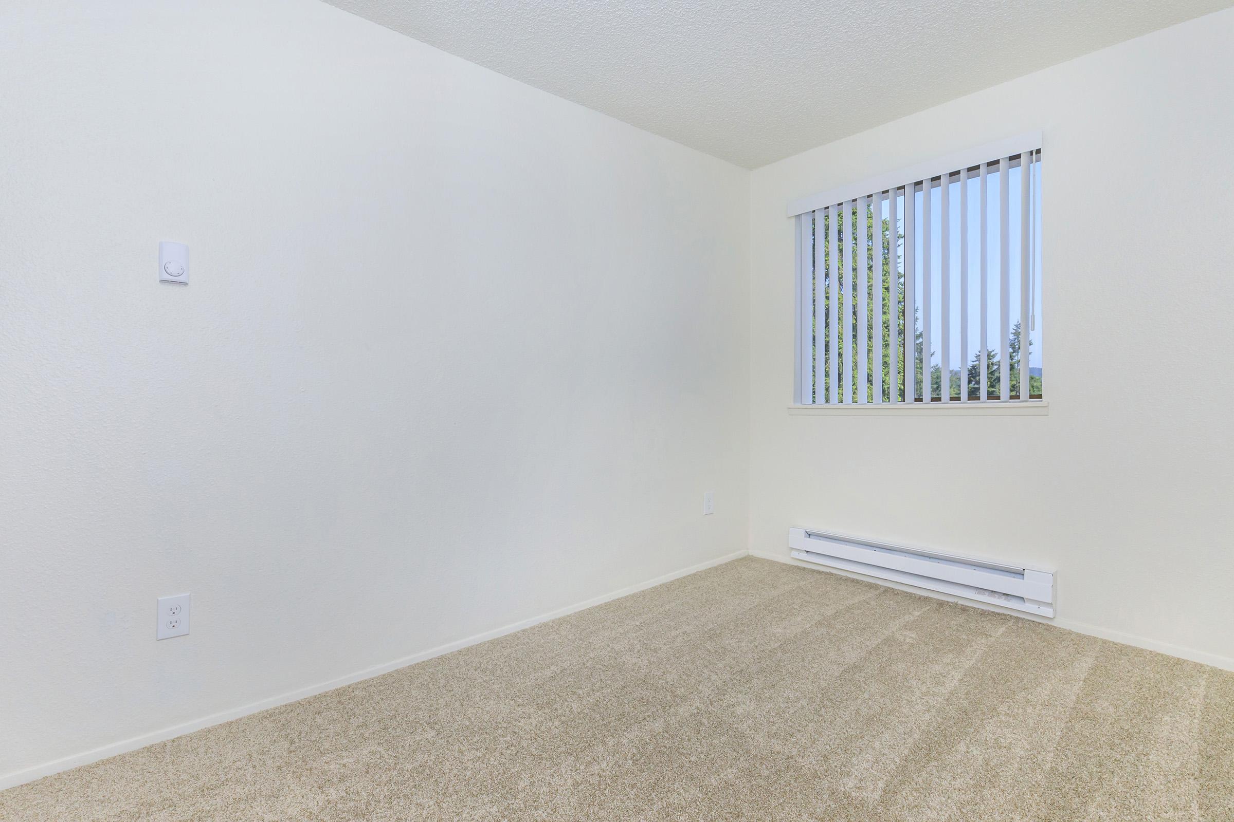 Empty room with light-colored walls and carpet. There is a window with vertical blinds allowing natural light, and a baseboard heater along the wall. The space is uncluttered, providing a neutral atmosphere suitable for various uses.
