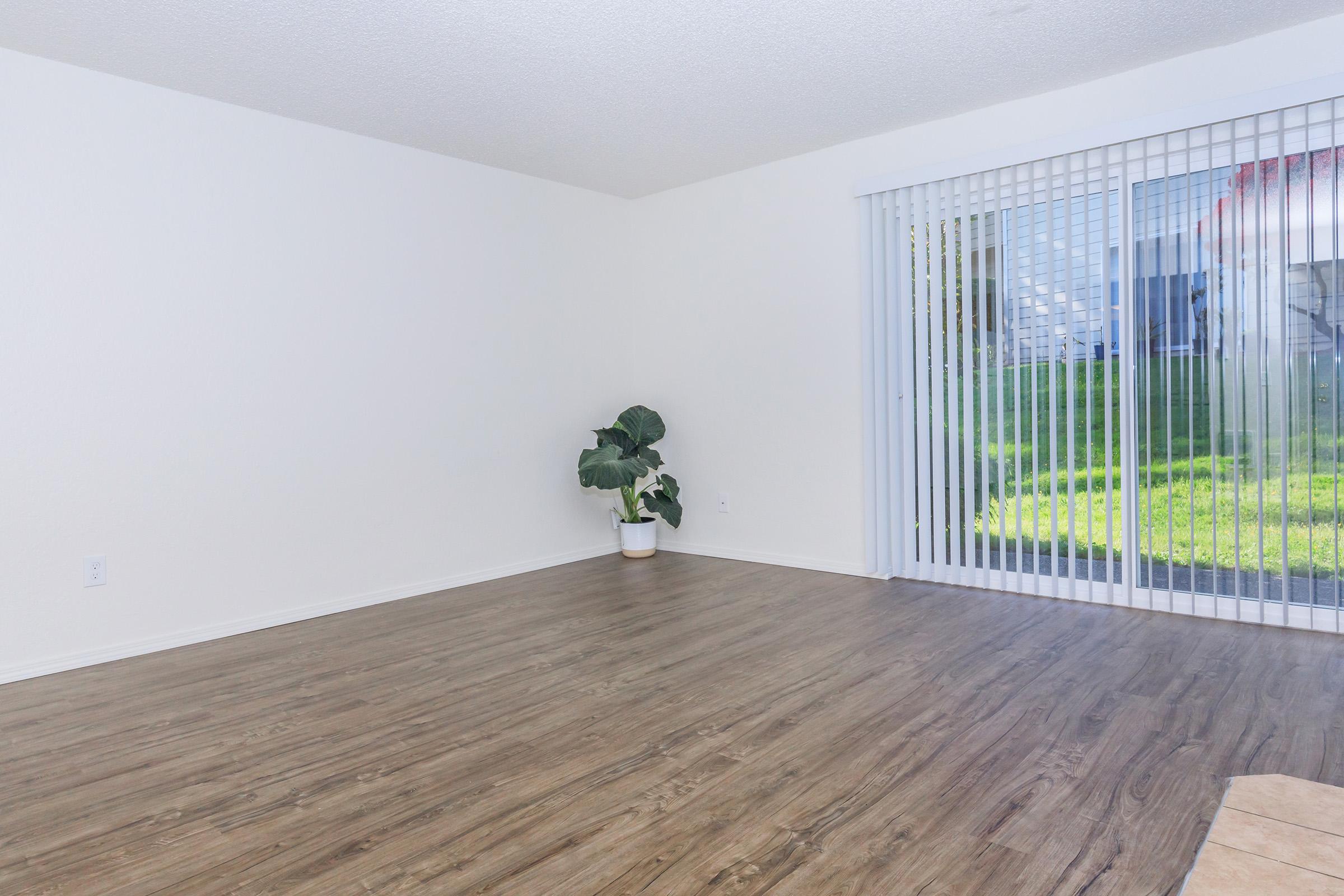 A bright and spacious room with light-colored walls and a wooden floor. A potted plant is placed in the corner, and there is a large sliding glass door with vertical blinds, allowing natural light to enter and offering a view of the green outdoor space.