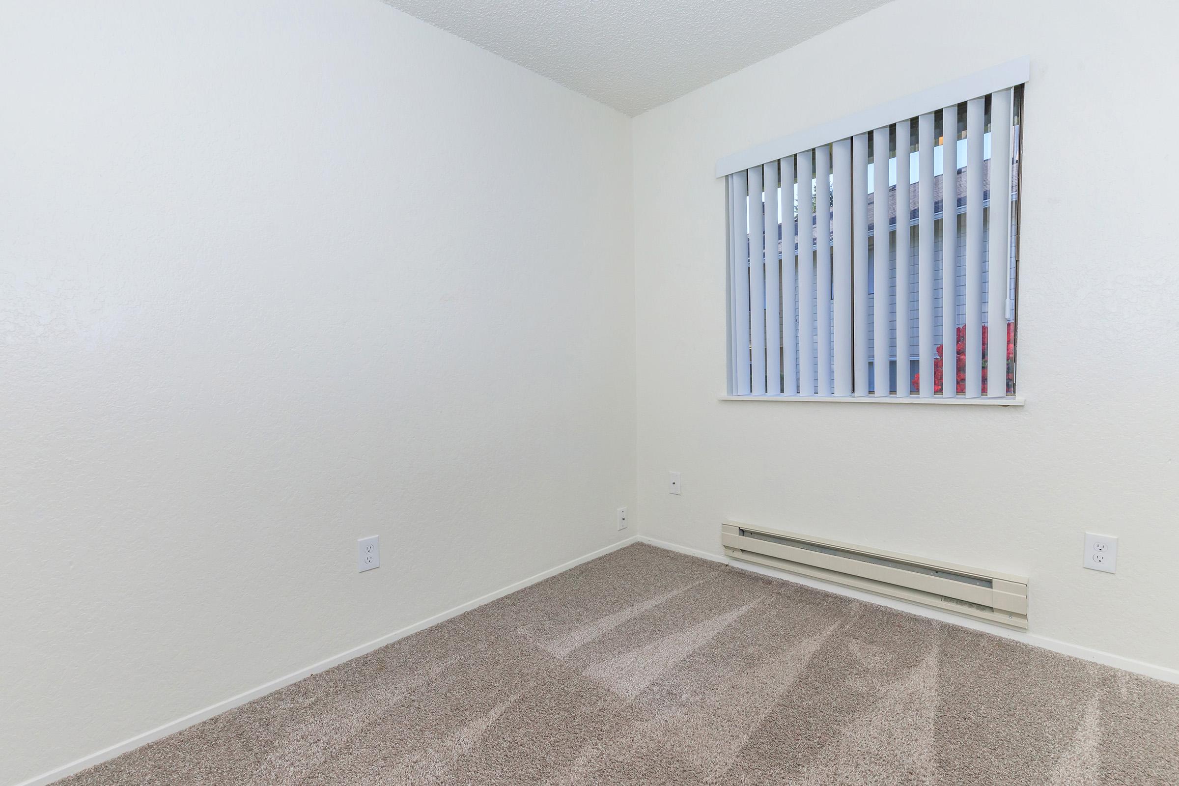 Empty room with light-colored walls and carpet. A window with vertical blinds allows natural light, and there is baseboard heating underneath the window. The space is minimal and uncluttered, suitable for various uses.
