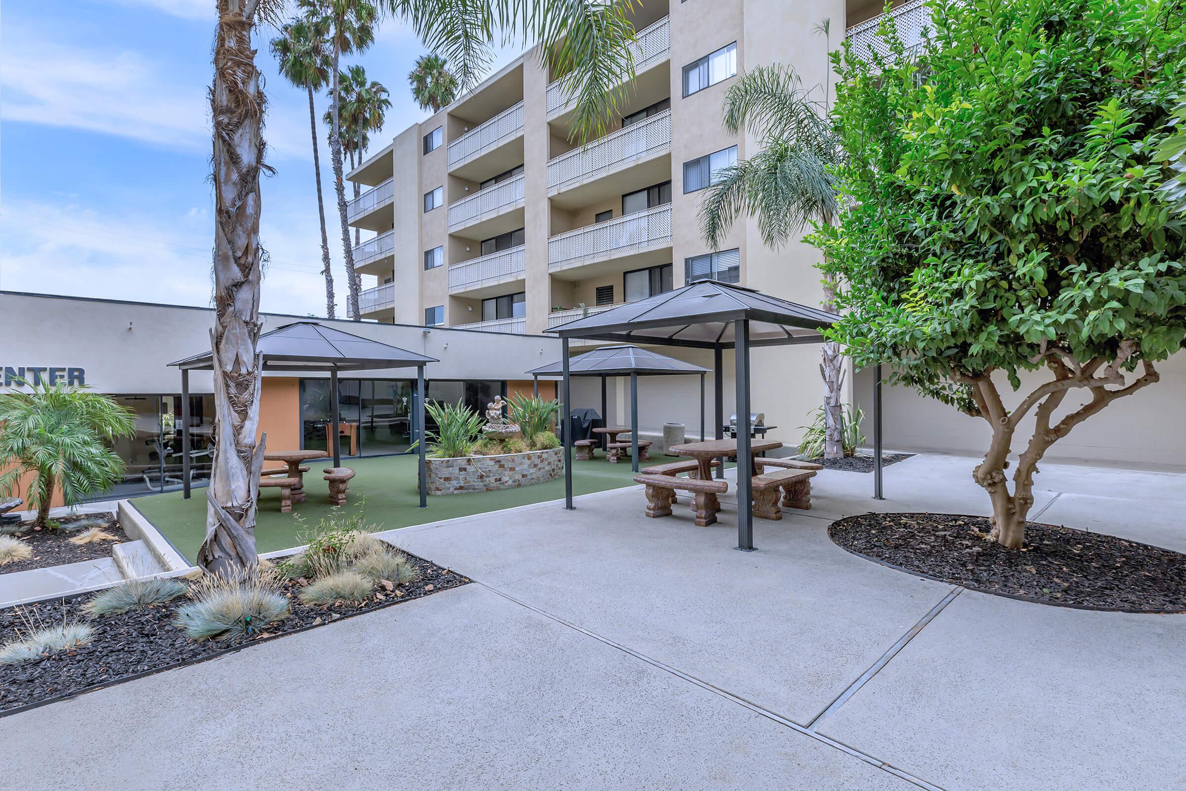 Newton Towers courtyard with pavilions and picnic tables