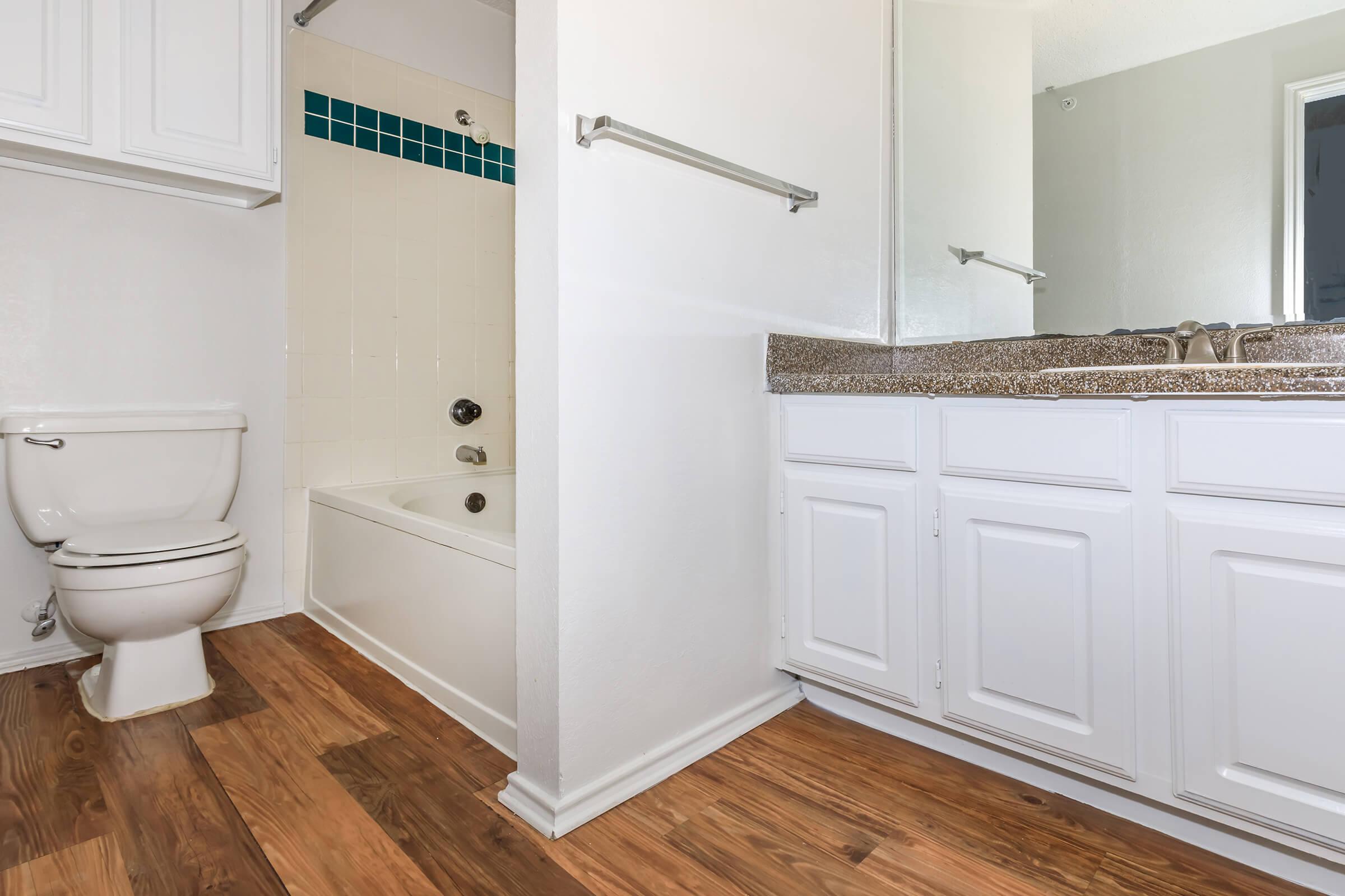 A clean bathroom featuring a white bathtub with a shower, a toilet, and a double sink vanity with granite countertop. The walls are painted light colors, and there are wooden floors. The bathroom also includes a large mirror and a few cabinets for storage.