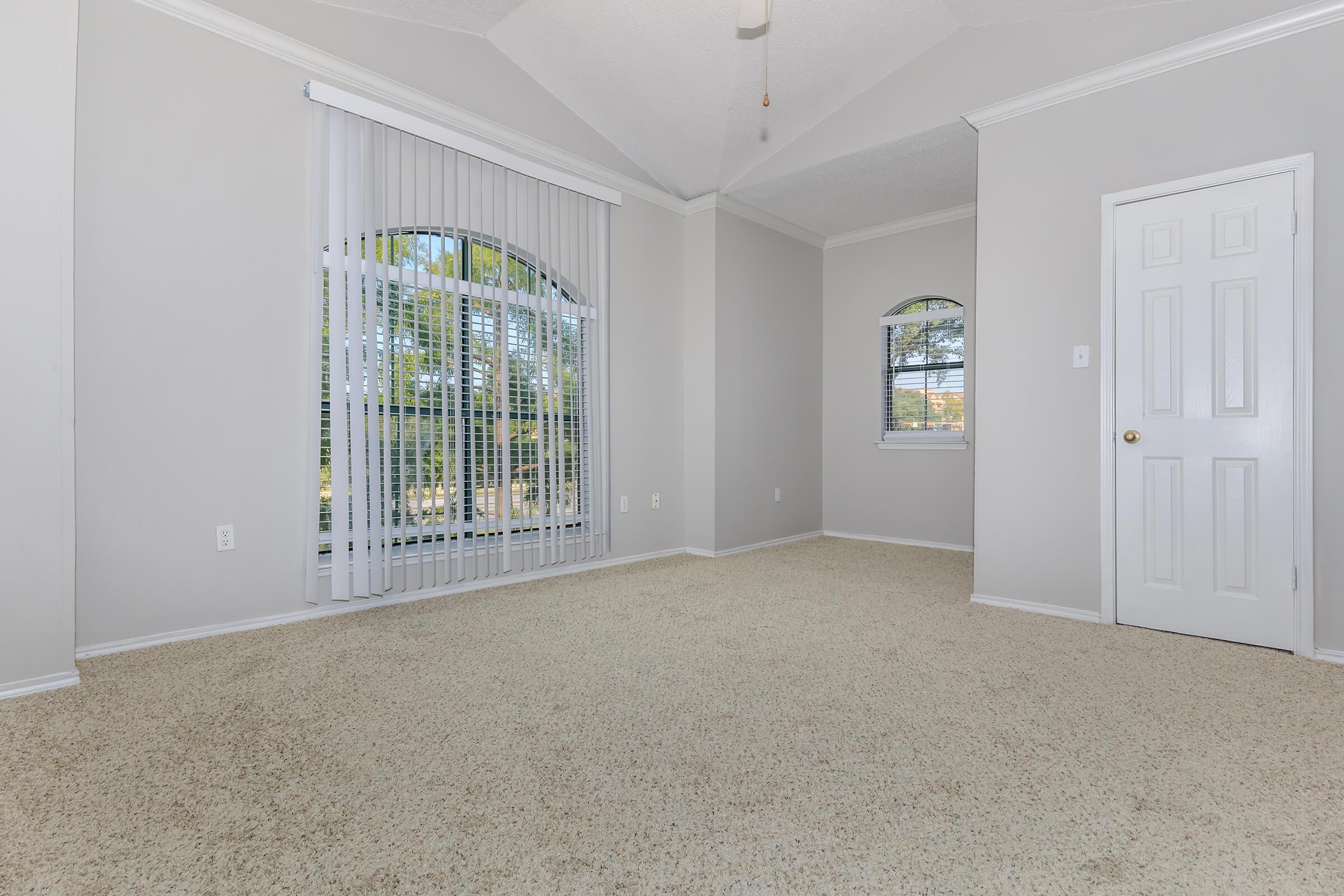 A spacious, empty room featuring beige carpet and light gray walls. The room has large arched windows with vertical blinds letting in natural light. A ceiling fan is installed, and there's a white door on the right leading to another area. The space is designed for versatility and personalization.