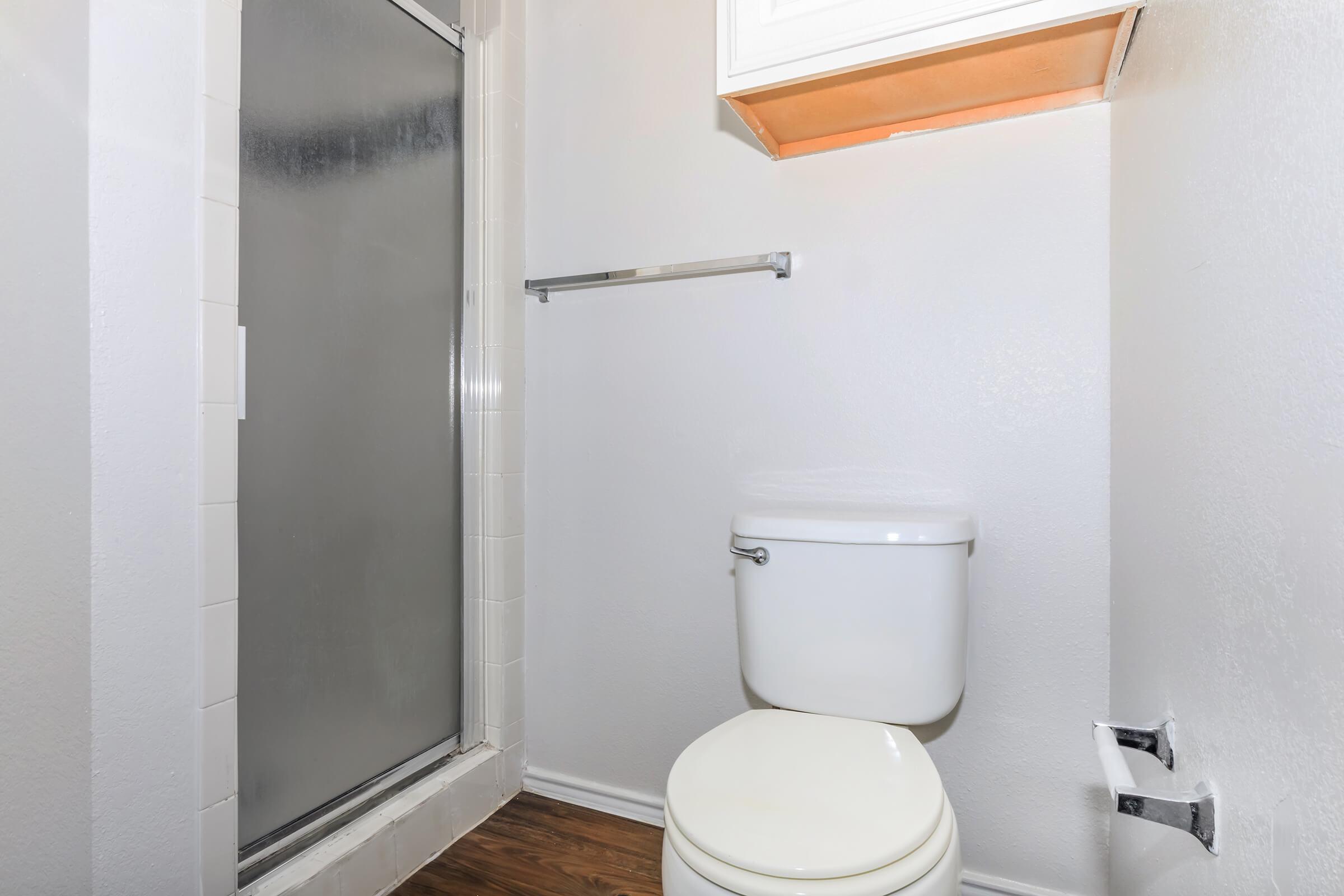 A small bathroom featuring a white toilet adjacent to a glass shower stall. The walls are painted in a light color, and there is a shelf above the toilet. The floor is made of dark wood, providing a contrast to the lighter colors of the fixtures and walls.