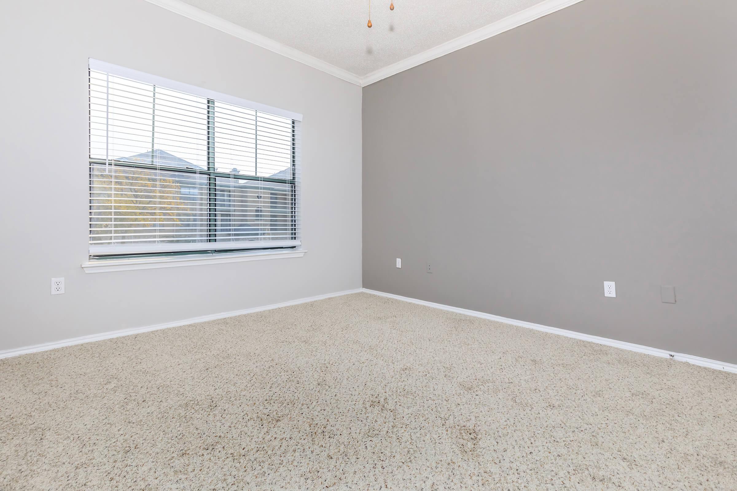 A spacious, empty room with light gray walls and a large window featuring white blinds. The floor is covered in beige carpet, and the ceiling has a light fixture with a fan. Natural light enters through the window, illuminating the space.