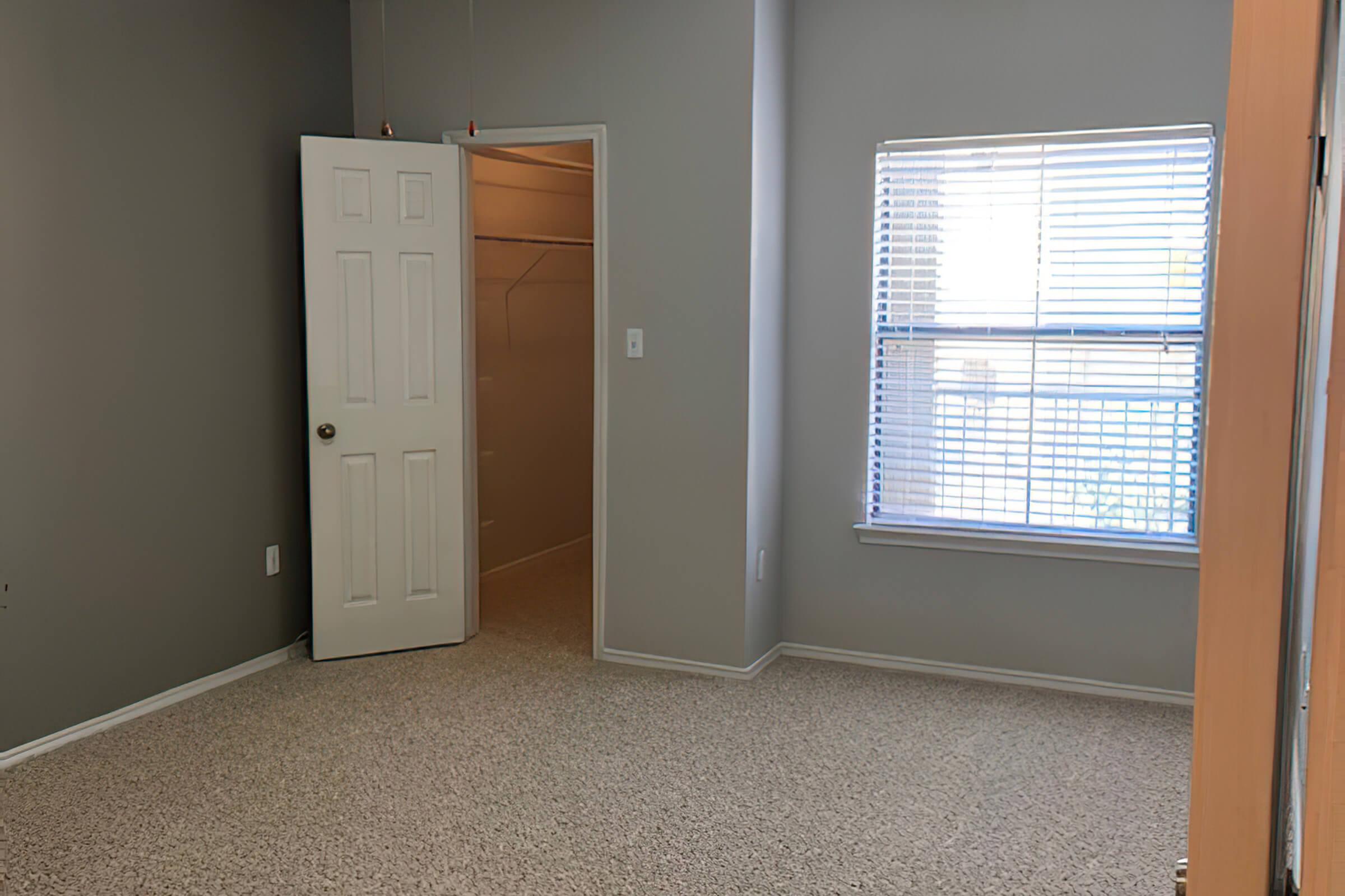 A simple room featuring light gray walls, beige carpet, a window with blinds letting in natural light, and a partially open door leading to a closet. The room appears empty and spacious, emphasizing a clean and minimalistic design.