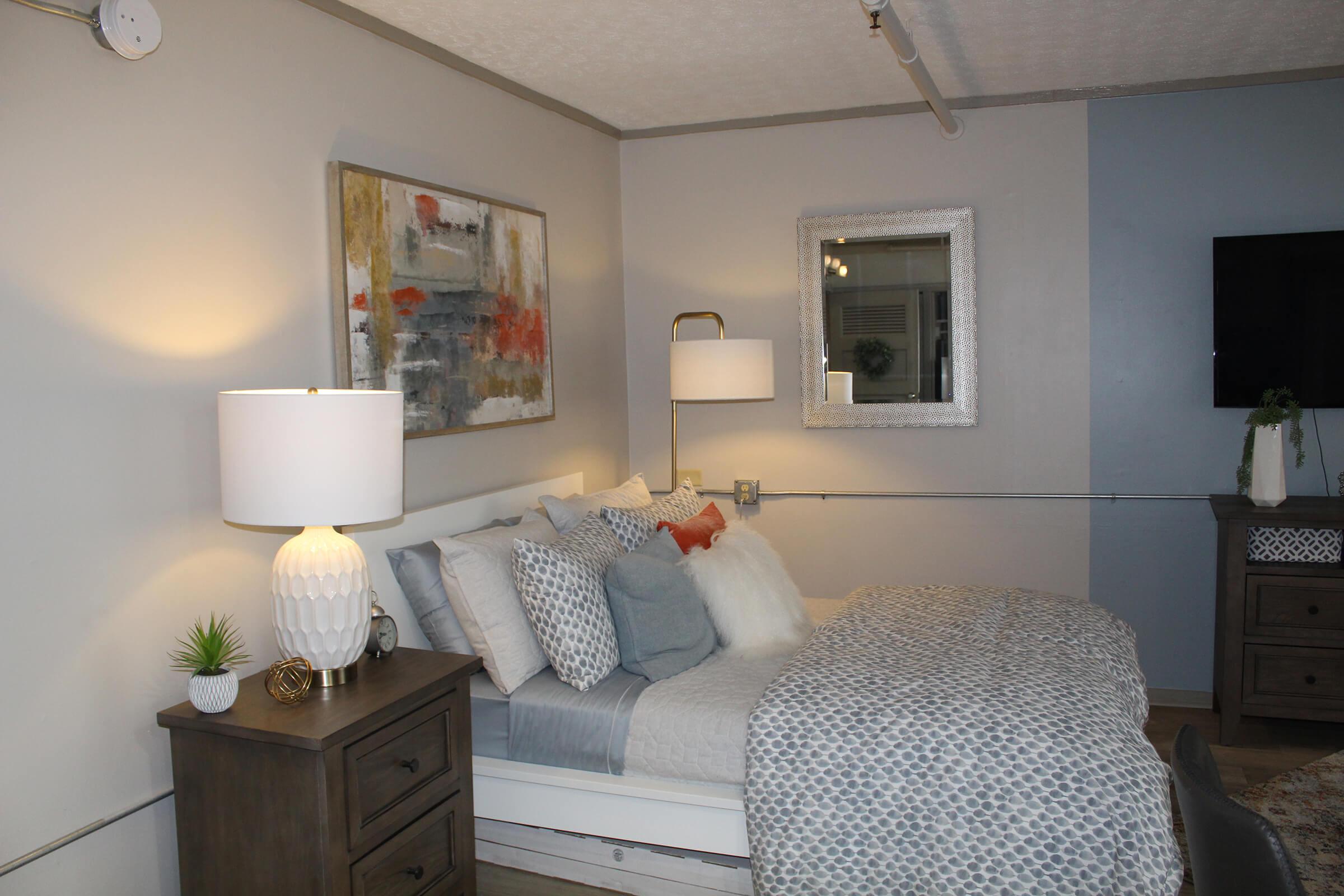 A cozy bedroom featuring a neatly made bed with decorative pillows, a modern lamp on a bedside table, and a stylish piece of wall art. The room has a mirror and a TV mounted on the wall, with a soft color palette and wooden furniture, creating a warm and inviting atmosphere.