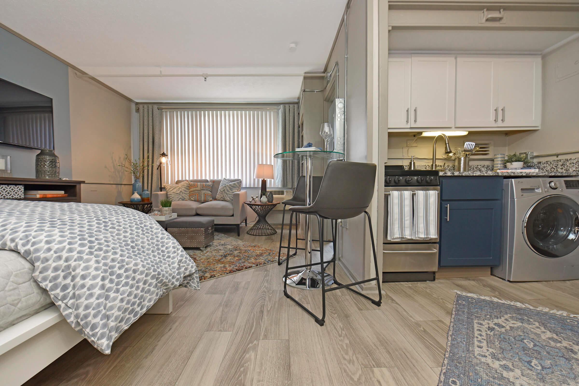 A cozy studio apartment featuring a living area with a gray sofa, a patterned rug, and a small dining table. The kitchenette is equipped with a sink, stove, and washing machine. Soft natural light filters through striped curtains, highlighting the modern decor and wooden flooring.