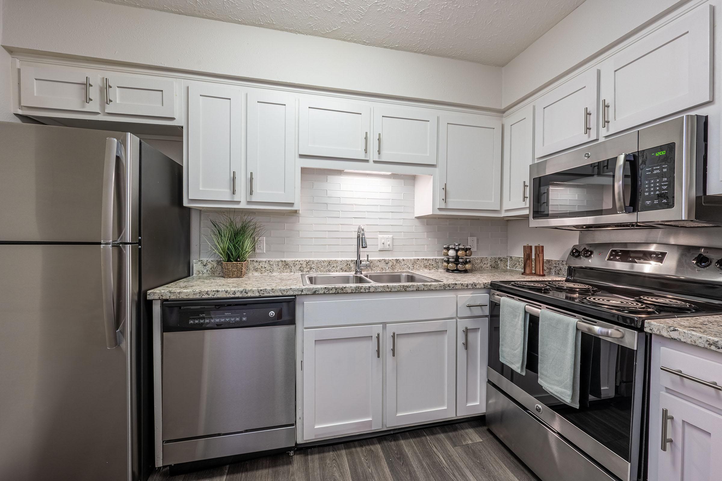 A modern kitchen featuring stainless steel appliances, including a refrigerator, dishwasher, and oven. The countertops are made of granite, and there are white cabinetry and a backsplash of light-colored tiles. A small plant adds a touch of greenery. The kitchen is bright and well-organized.