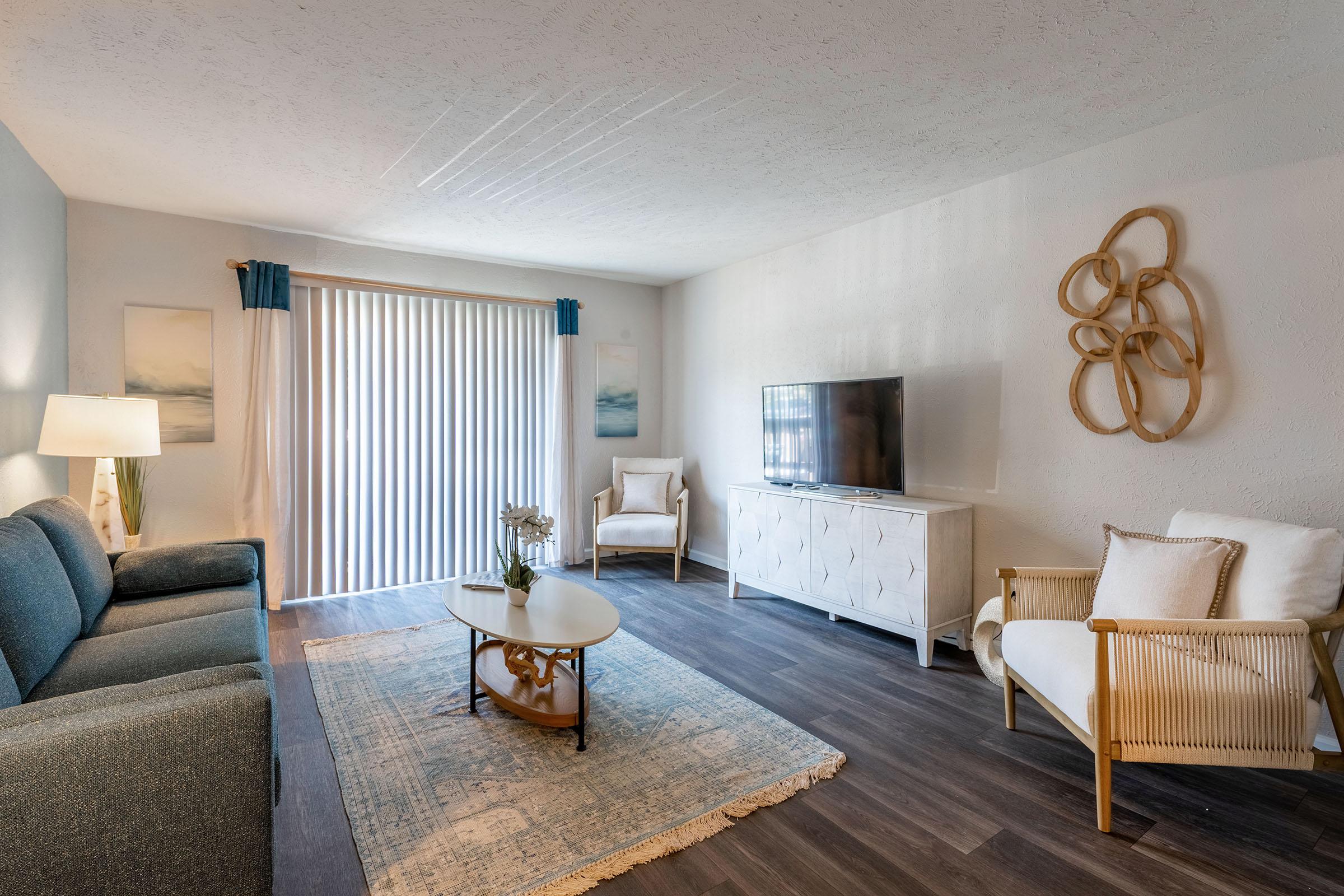A cozy living room featuring a dark gray sofa, a light-colored armchair, and a coffee table on a soft rug. There is a TV on a white entertainment unit and two framed artworks on the wall. Natural light enters through sliding glass doors with vertical blinds, enhancing the inviting atmosphere.