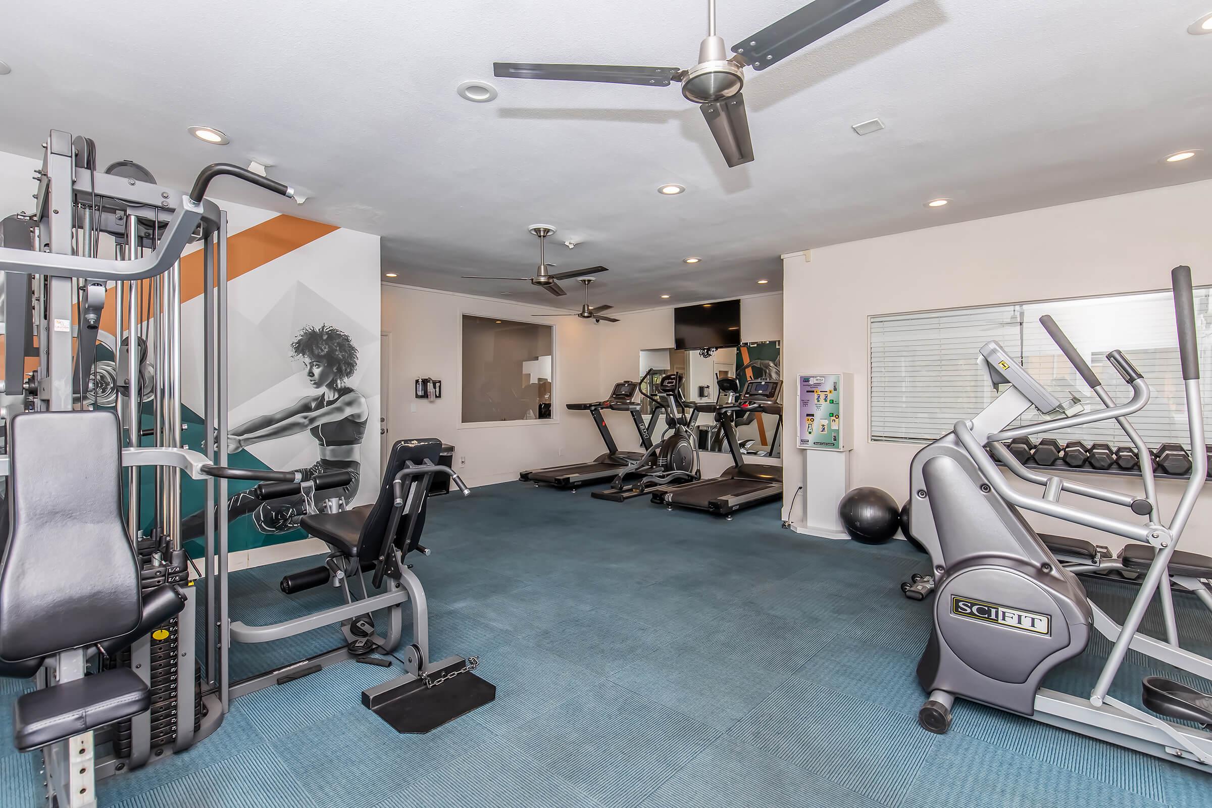 A well-lit gym interior featuring various workout equipment, including weight machines, treadmills, and bikes. The space has blue carpeting and a large wall mural of a person exercising, creating an inviting atmosphere for fitness activities.