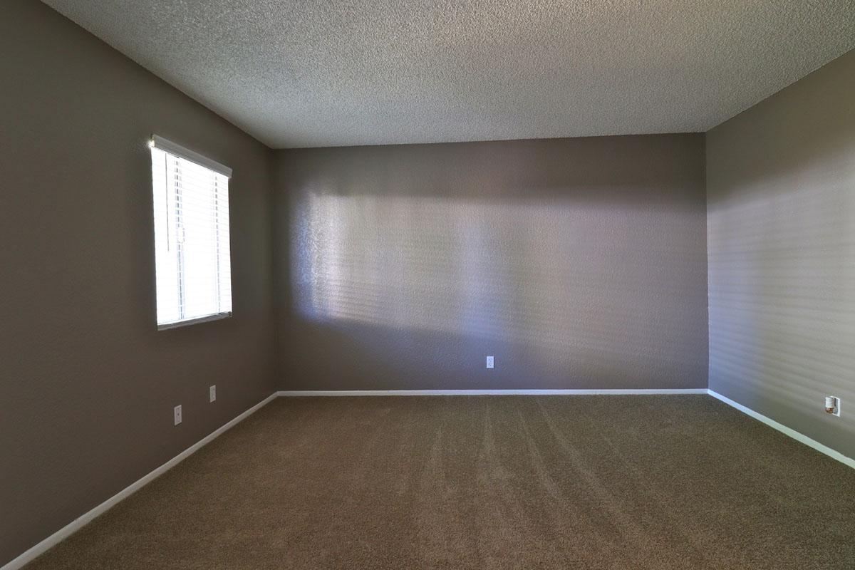 Empty room with light brown carpet and gray walls. A single window with white blinds allows natural light to enter, creating soft shadows. The space is minimalistic, featuring no furniture or decorations, emphasizing a clean and open atmosphere.