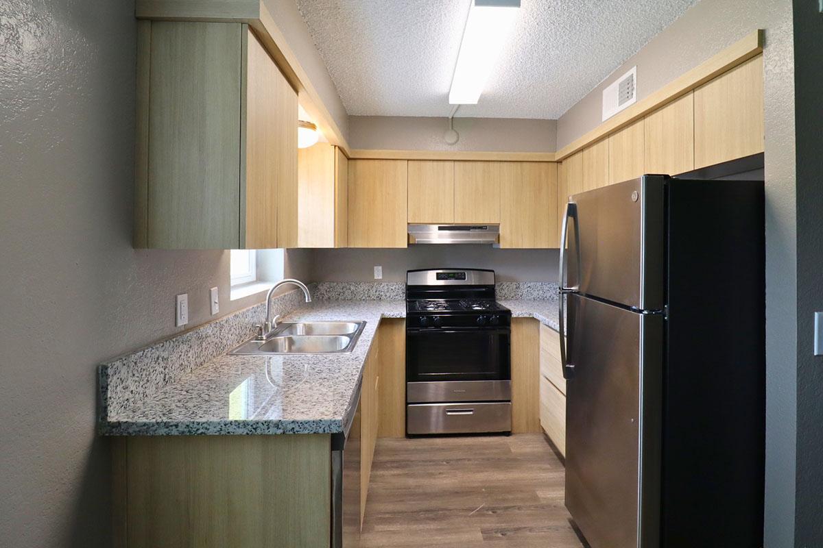 Modern kitchen featuring light wood cabinetry, granite countertops, and stainless steel appliances. Includes a double sink, black stove, and refrigerator, with overhead lighting illuminating the space. The walls are painted in a neutral tone, and the flooring resembles wood.