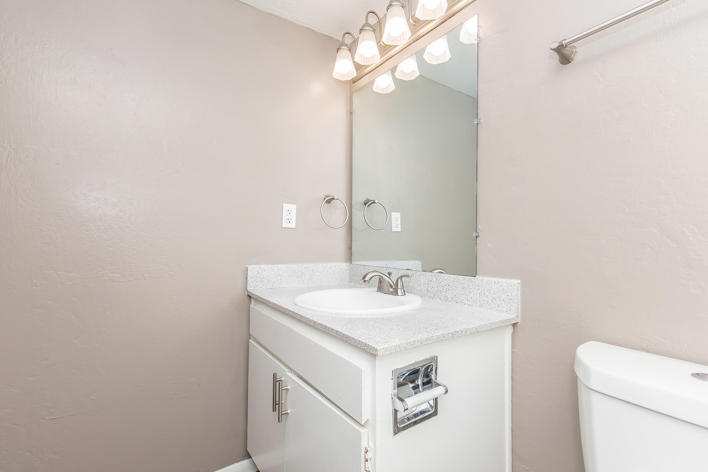 A well-lit bathroom featuring a modern sink with a stone countertop, a large mirror above the sink, and a white toilet nearby. The walls are painted a soft neutral color, contributing to a clean and contemporary aesthetic.