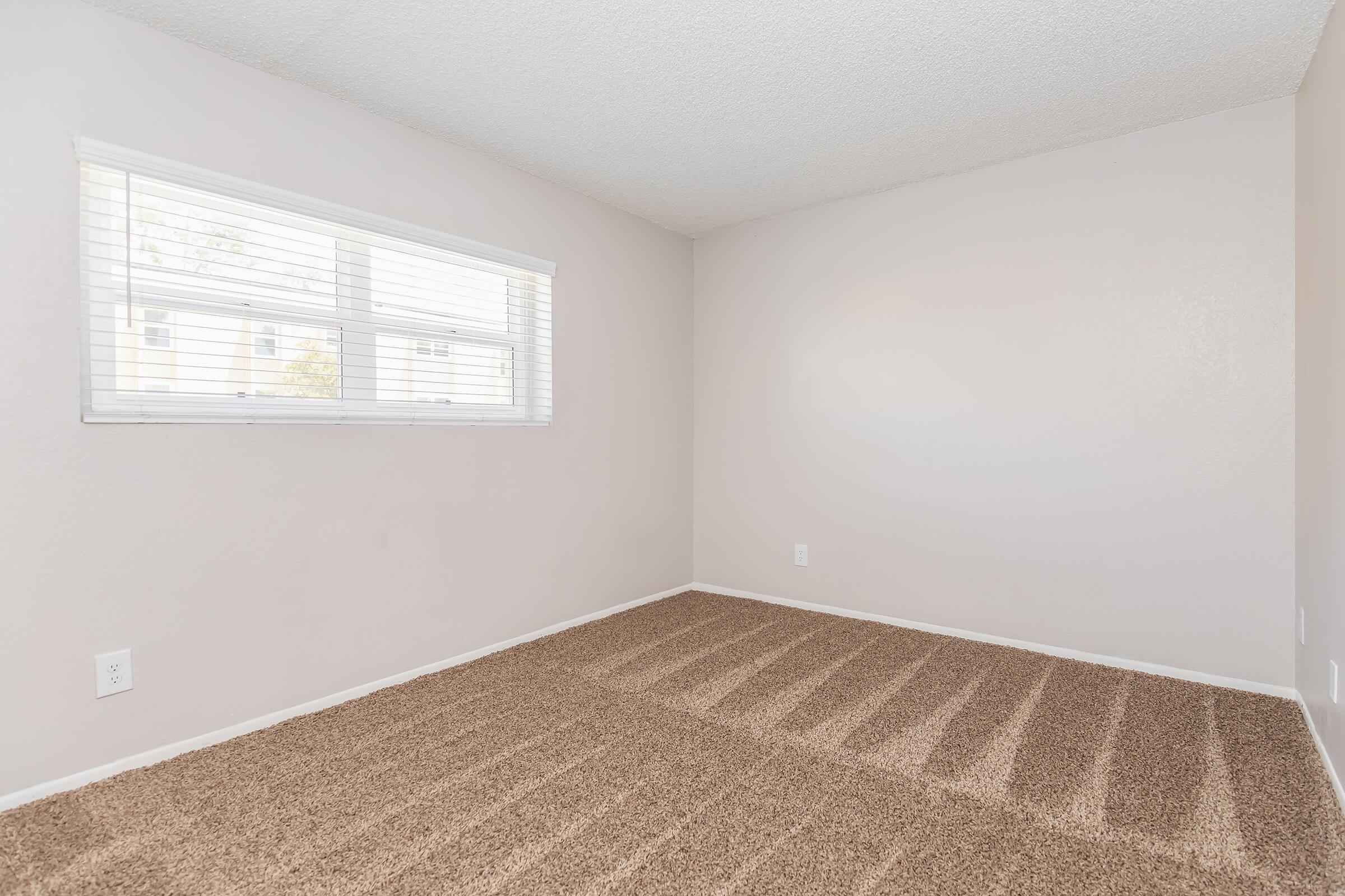 Empty room with beige walls and light brown carpet. There's a window with white blinds on one side, allowing natural light to enter. The space appears fresh and clean, suitable for various uses such as an office or bedroom.