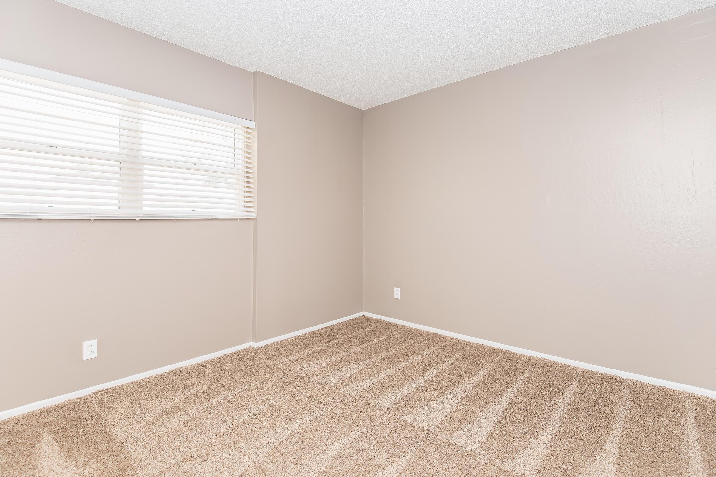 Empty room with beige walls and light-colored carpet. A window with white blinds provides natural light, casting shadows on the floor. The space is bare, with no furniture or decorations, highlighting the clean and simple aesthetic of a potential living area.