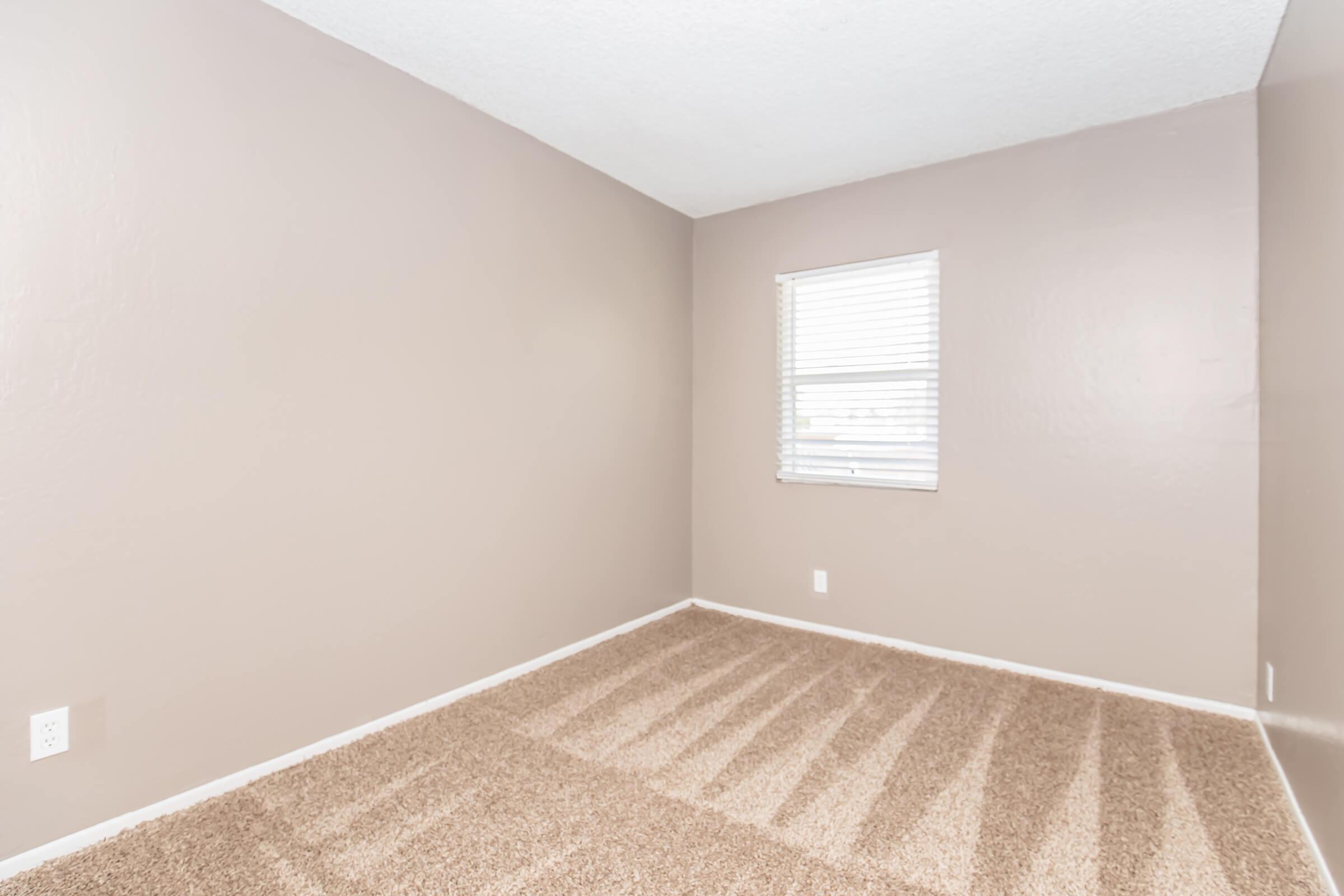 Empty room with light beige walls and beige carpet. There is a single window covered with white blinds, allowing natural light to enter. The room has a clean, minimalistic look, with no furniture or decorations present. Shadows from the blinds create a striped pattern on the carpet.